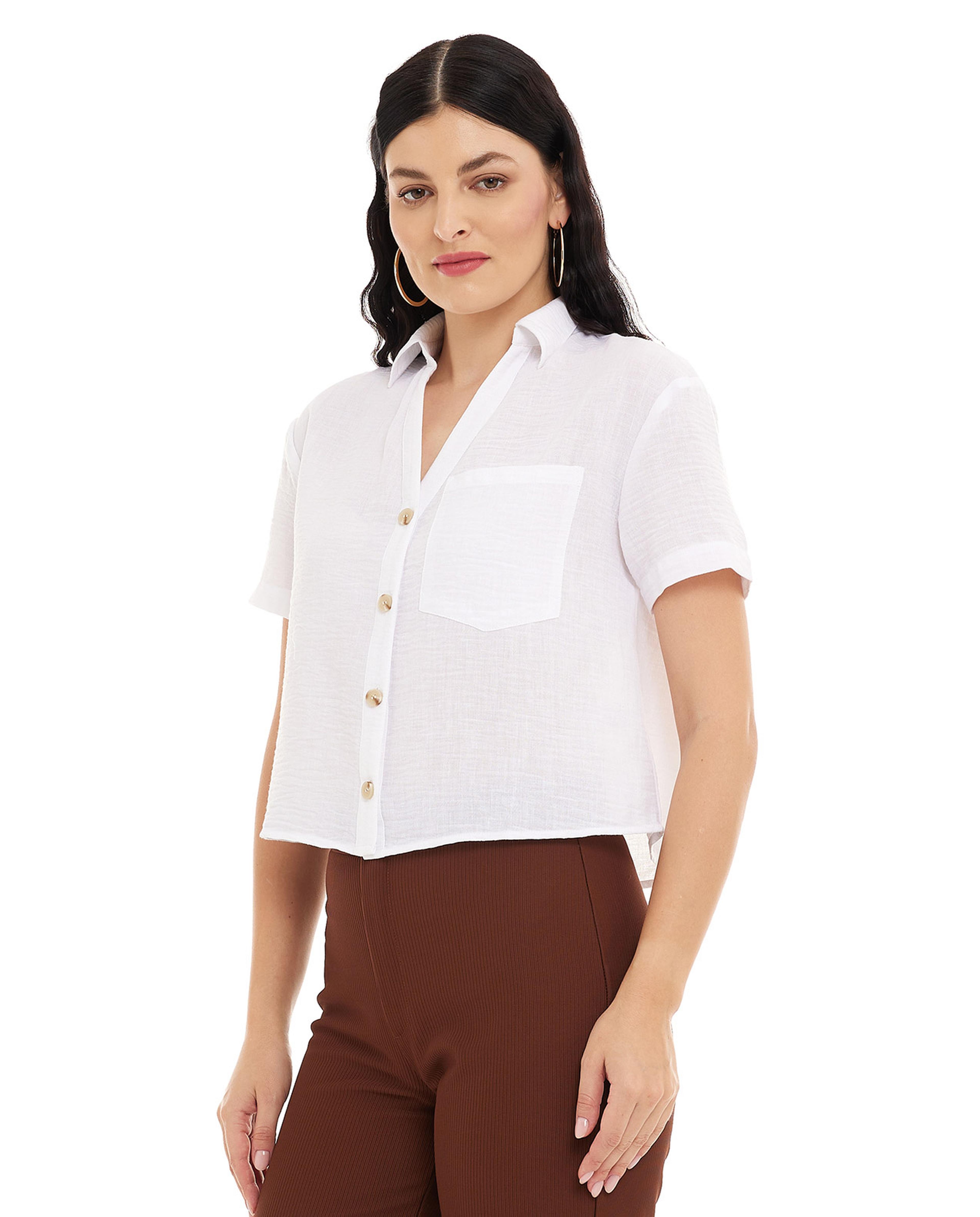 Solid Crop Shirt with Classic Collar and Short Sleeves