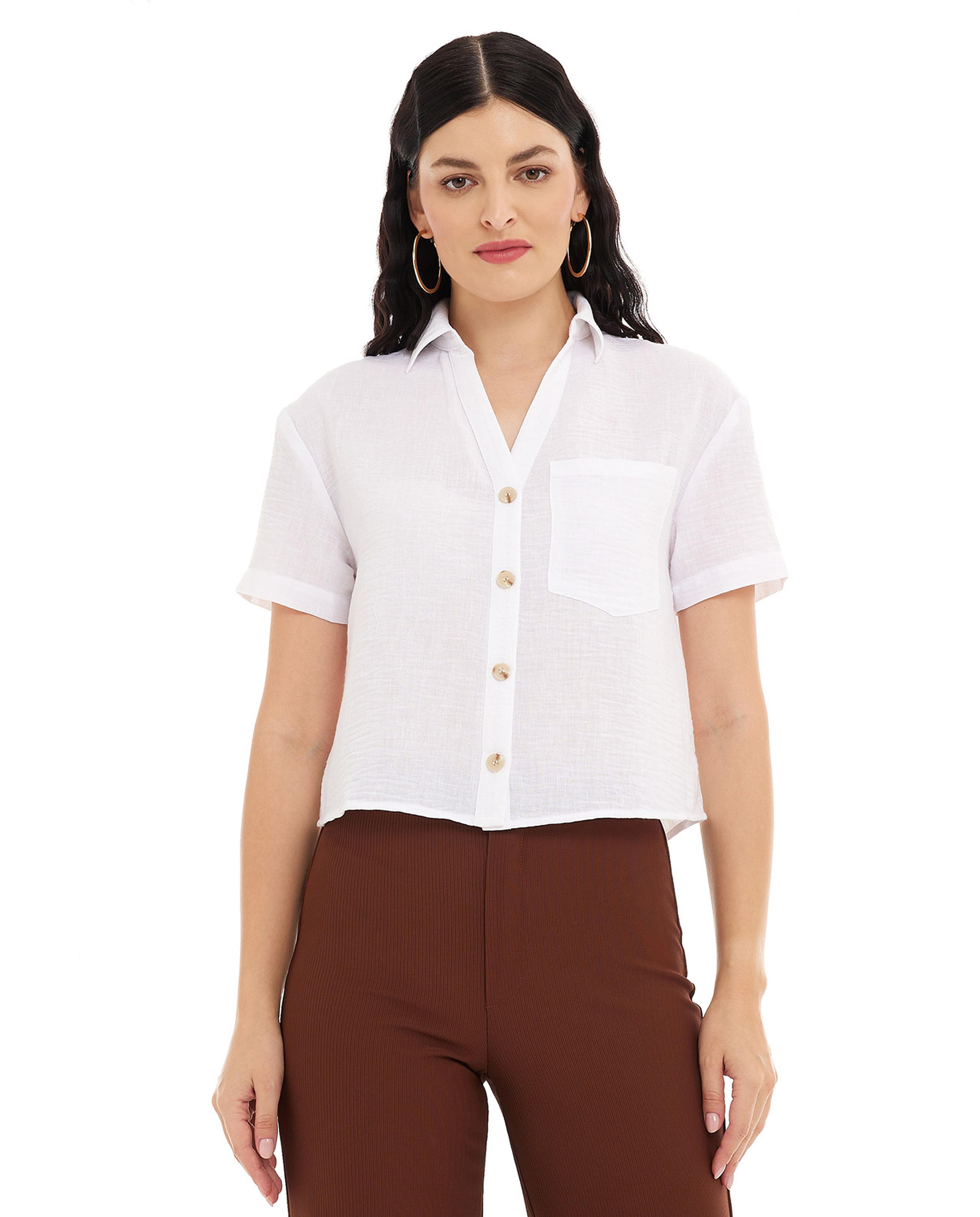 Solid Crop Shirt with Classic Collar and Short Sleeves