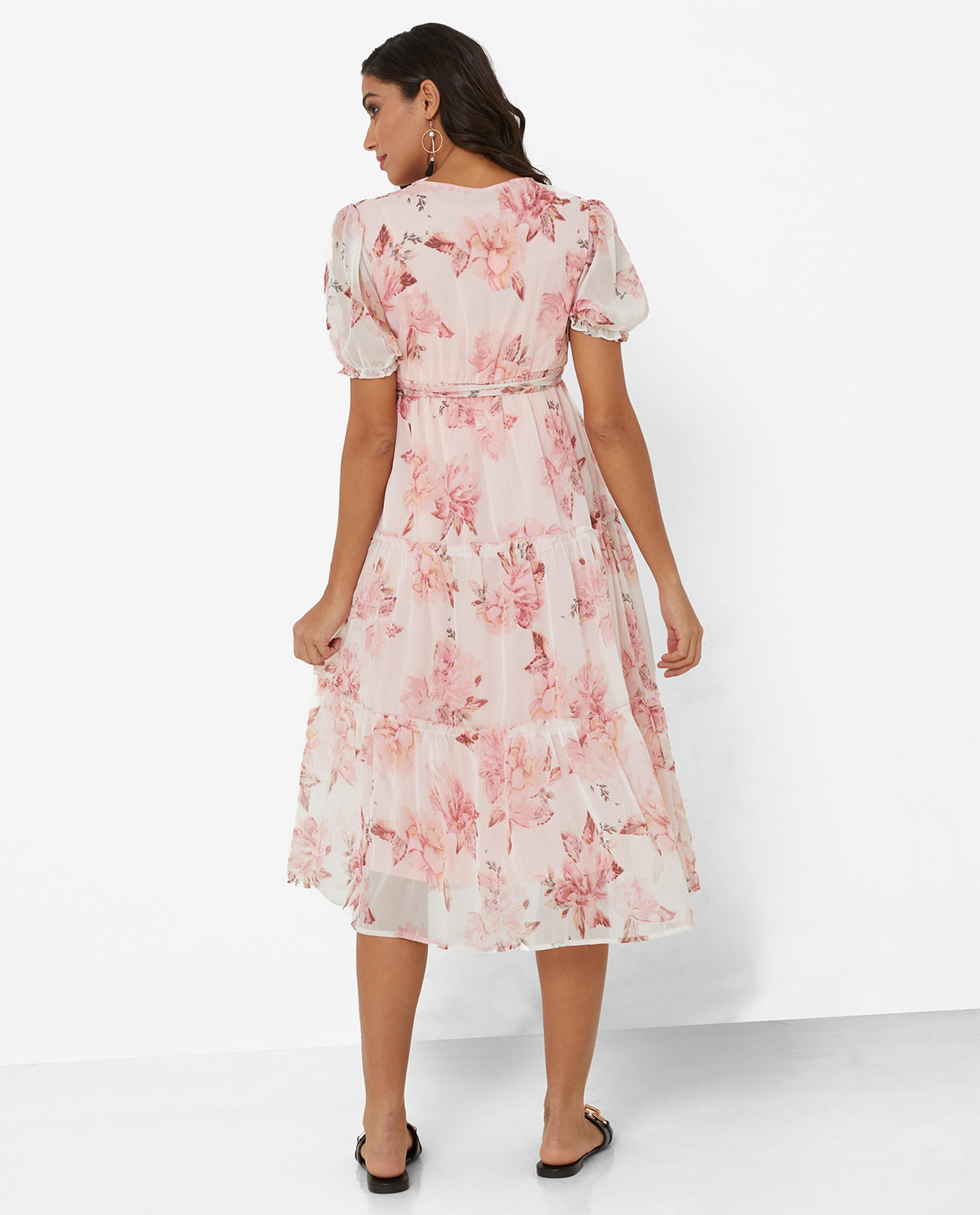 Printed Maternity Dress with V-Neck and Puff Sleeves