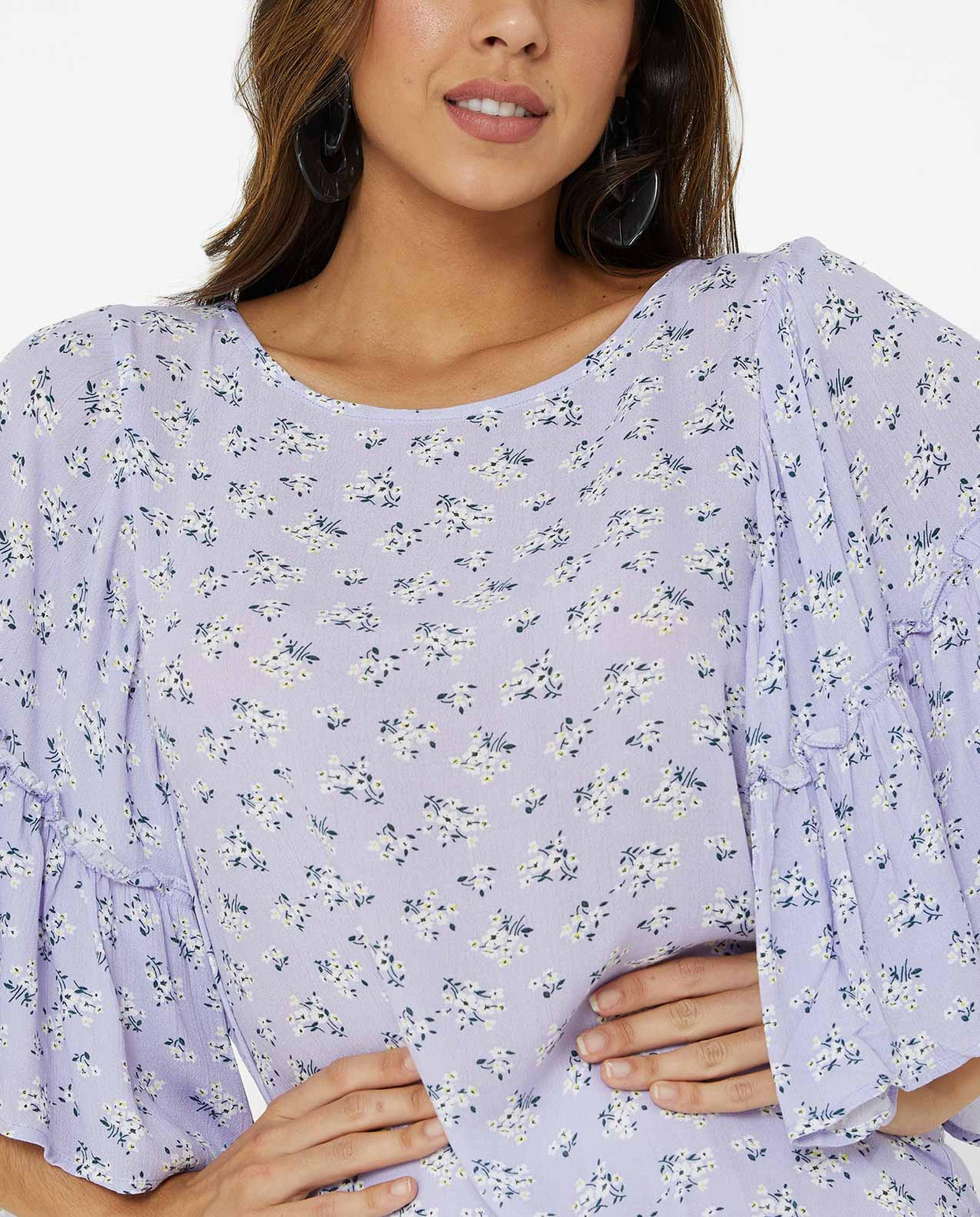 Floral Printed Top with Boat Neck and Flared Sleeves