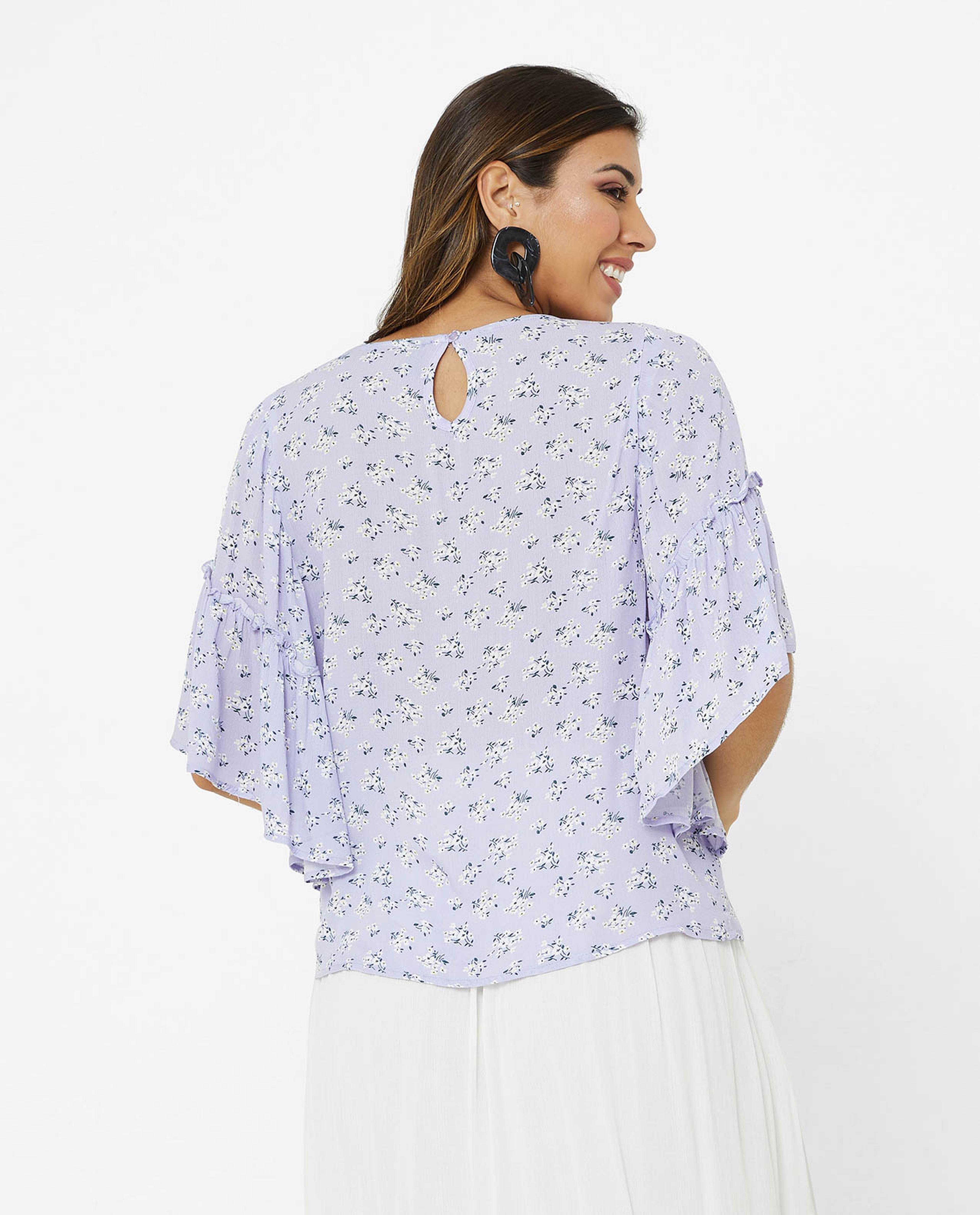 Floral Printed Top with Boat Neck and Flared Sleeves