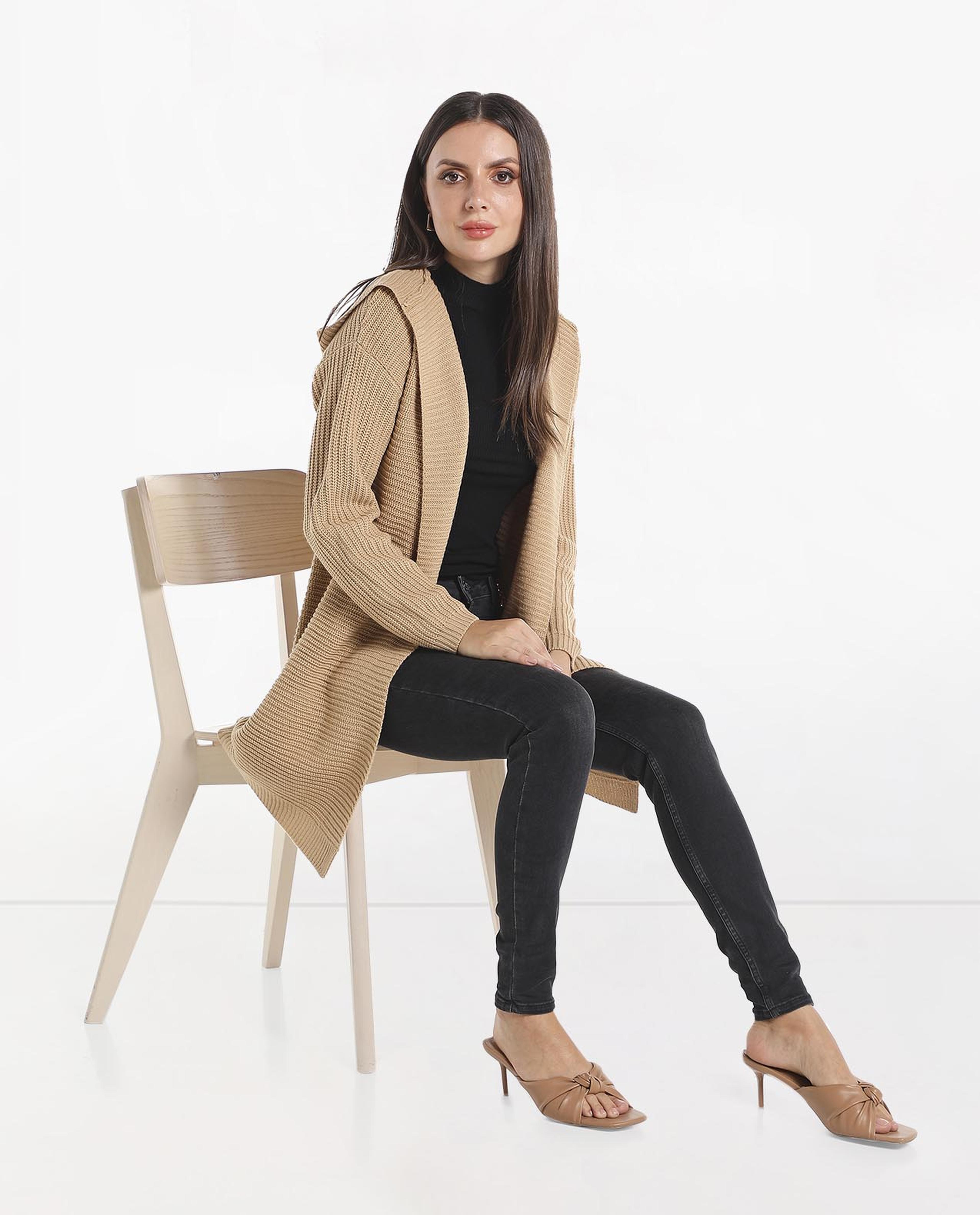 Ribbed Shrug with Hooded Neck and Long Sleeves