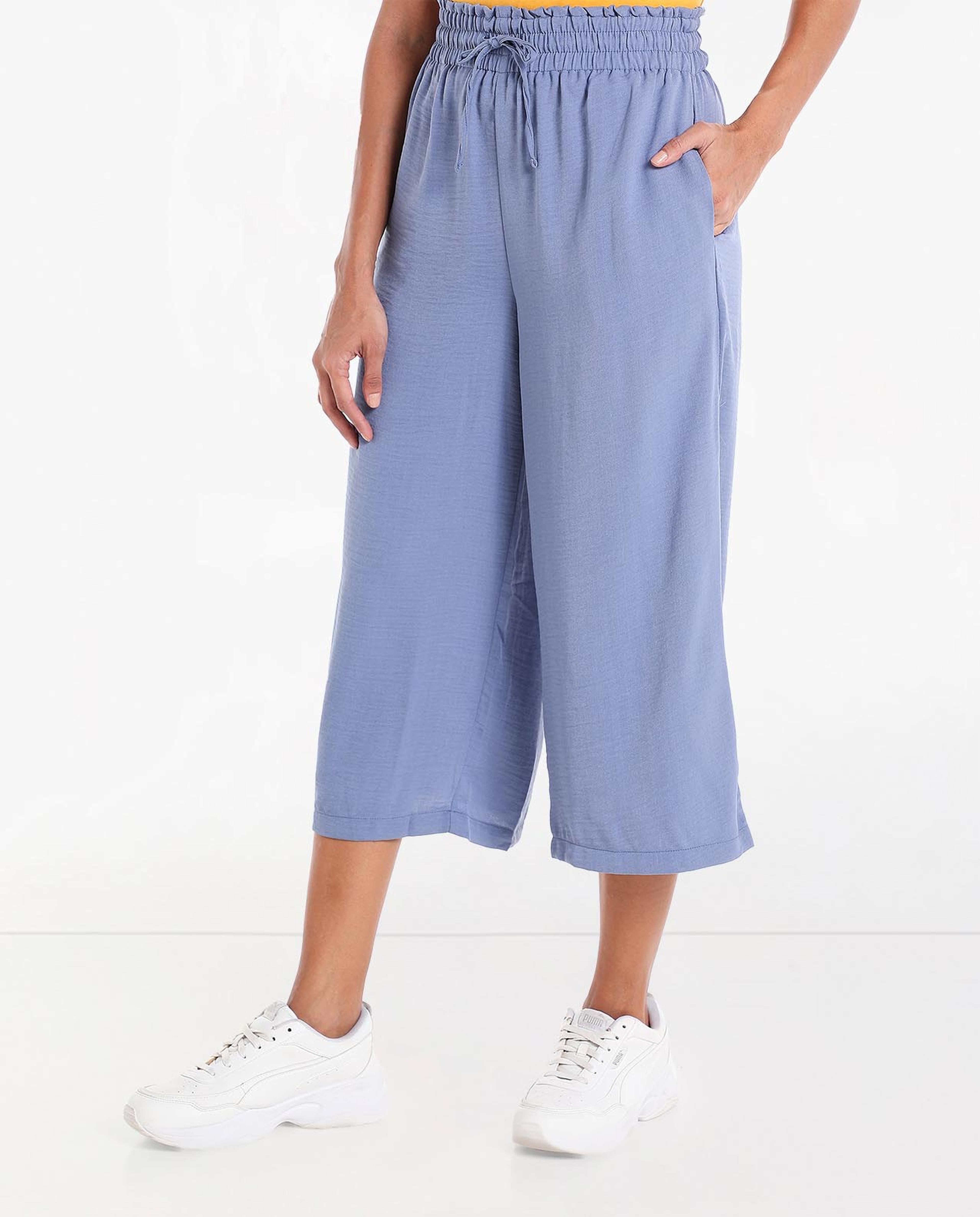 Solid Mid-Rise Culottes with Drawstring Closure