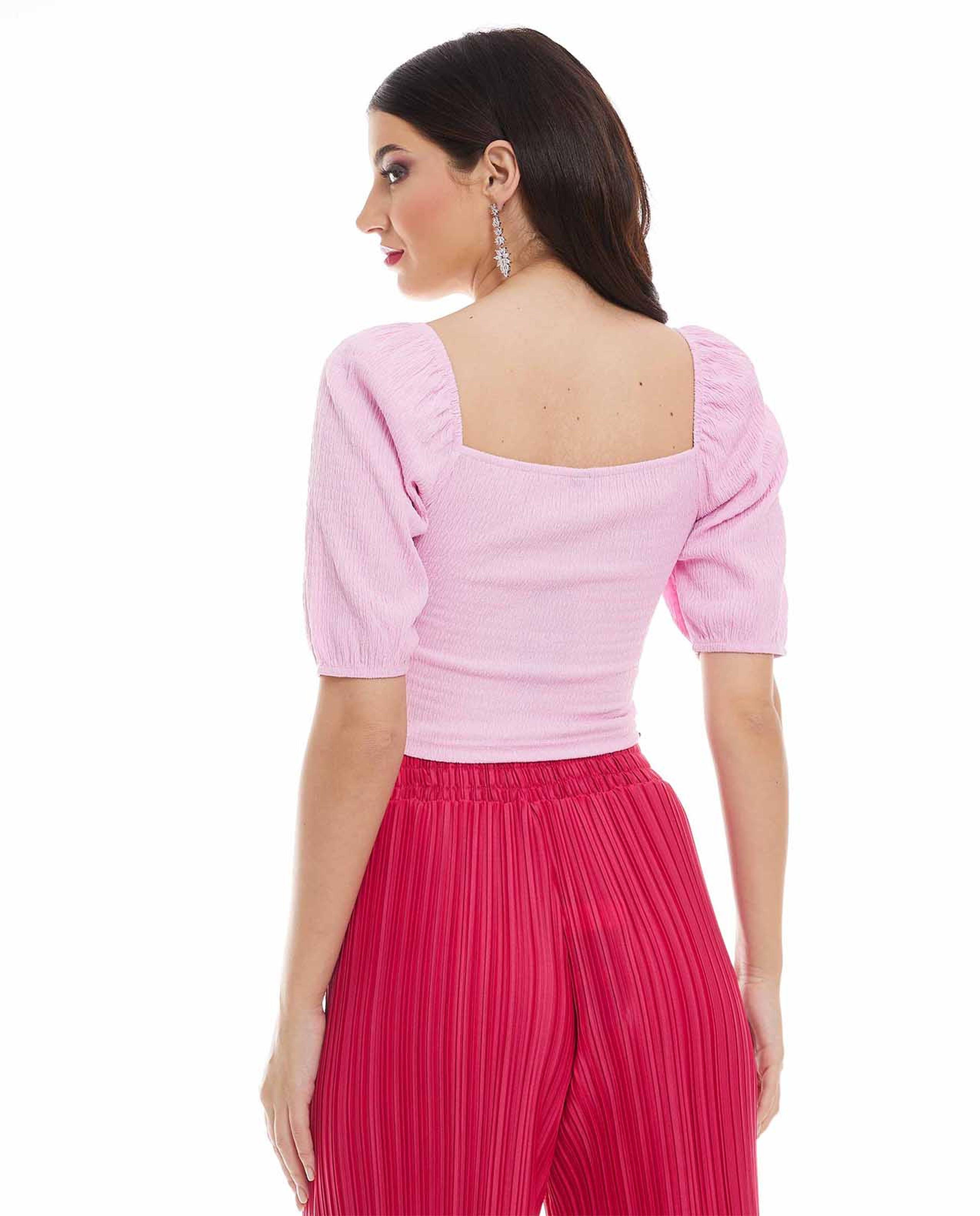 Crinkled Top with Sweetheart Neck and Puff Sleeves