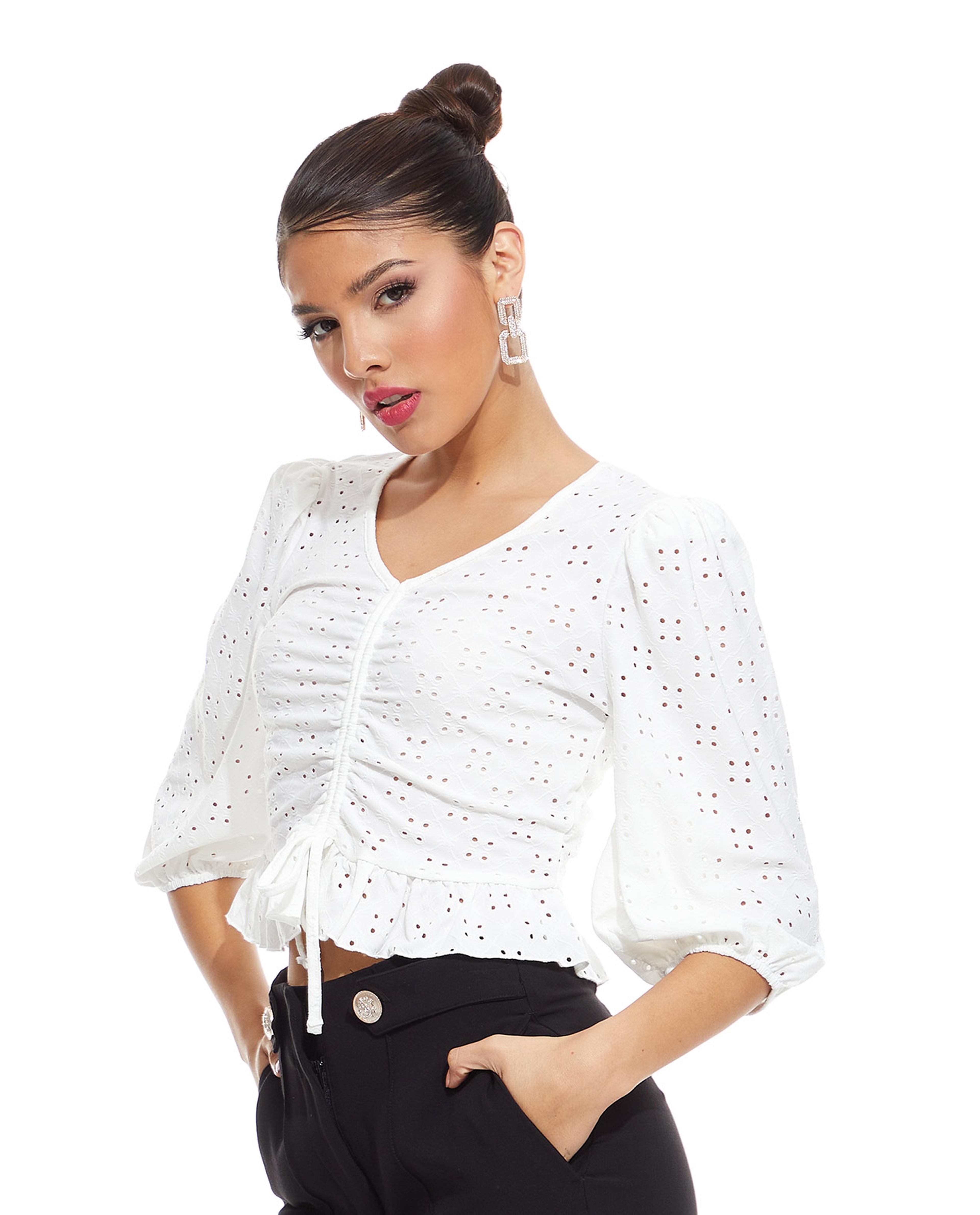 Schiffli Top with Puff Sleeves and Drawstring Front