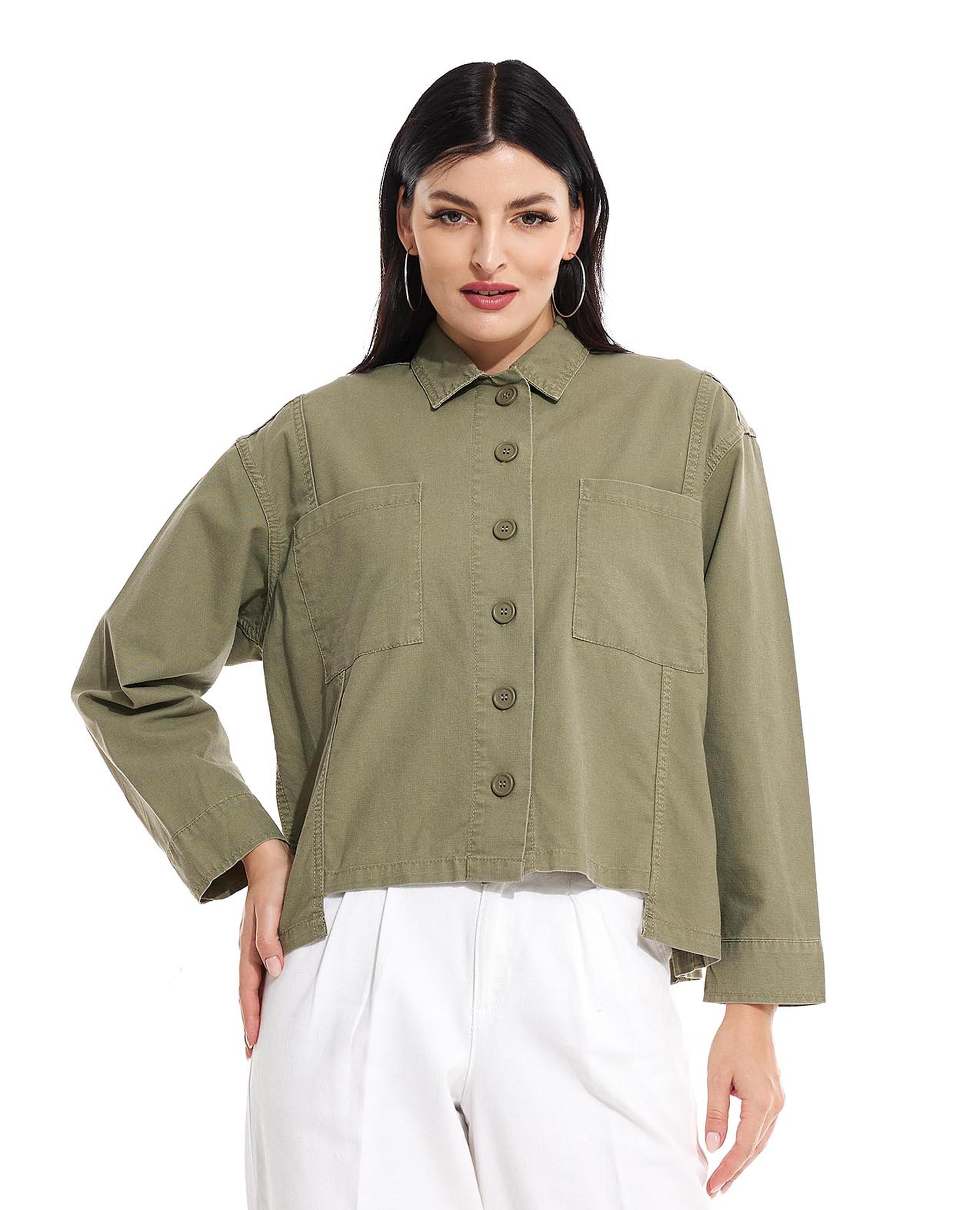 Solid Oversized Shirt with Classic Collar and Button Front