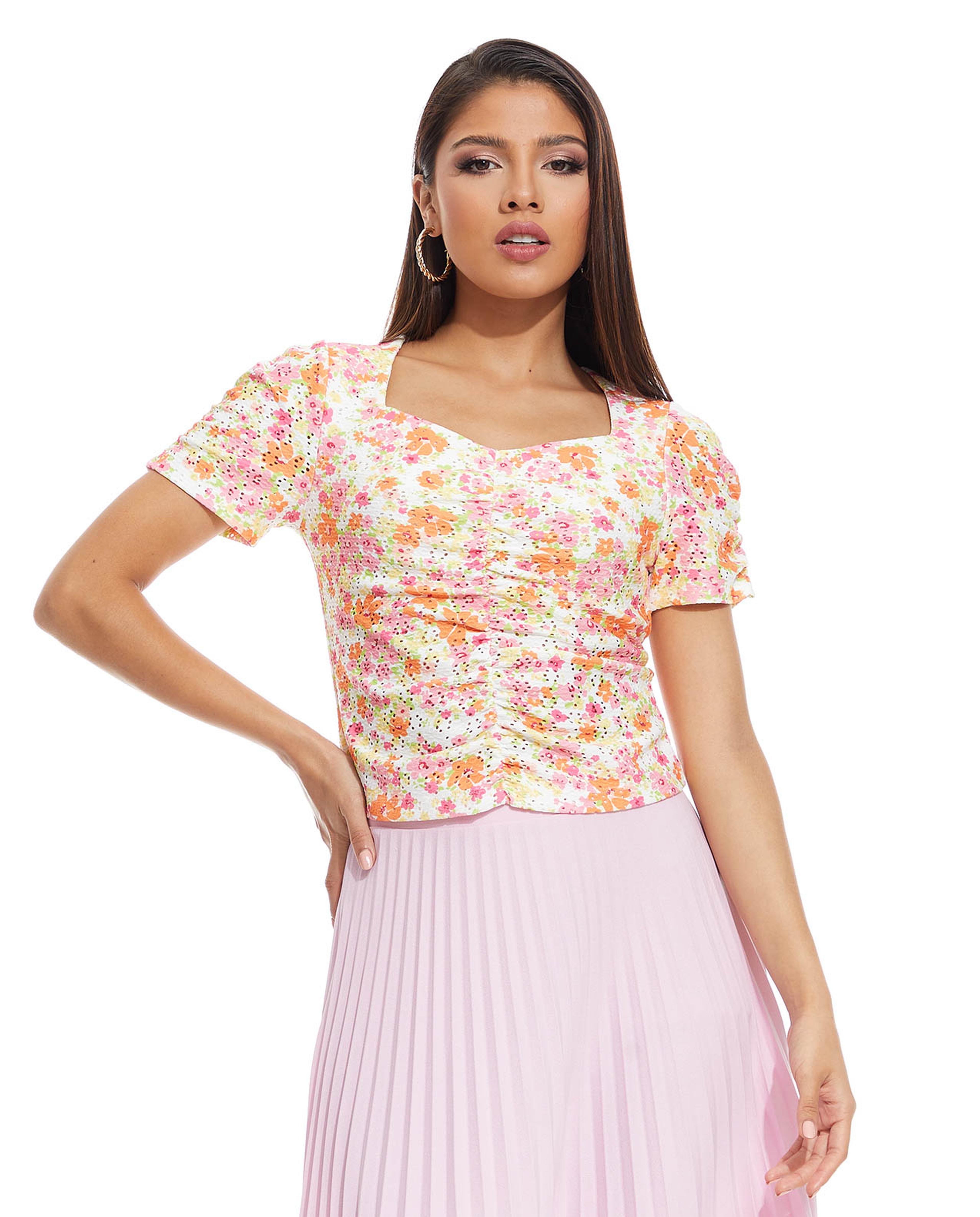 Printed Top with Sweetheart Neck and Short Sleeves