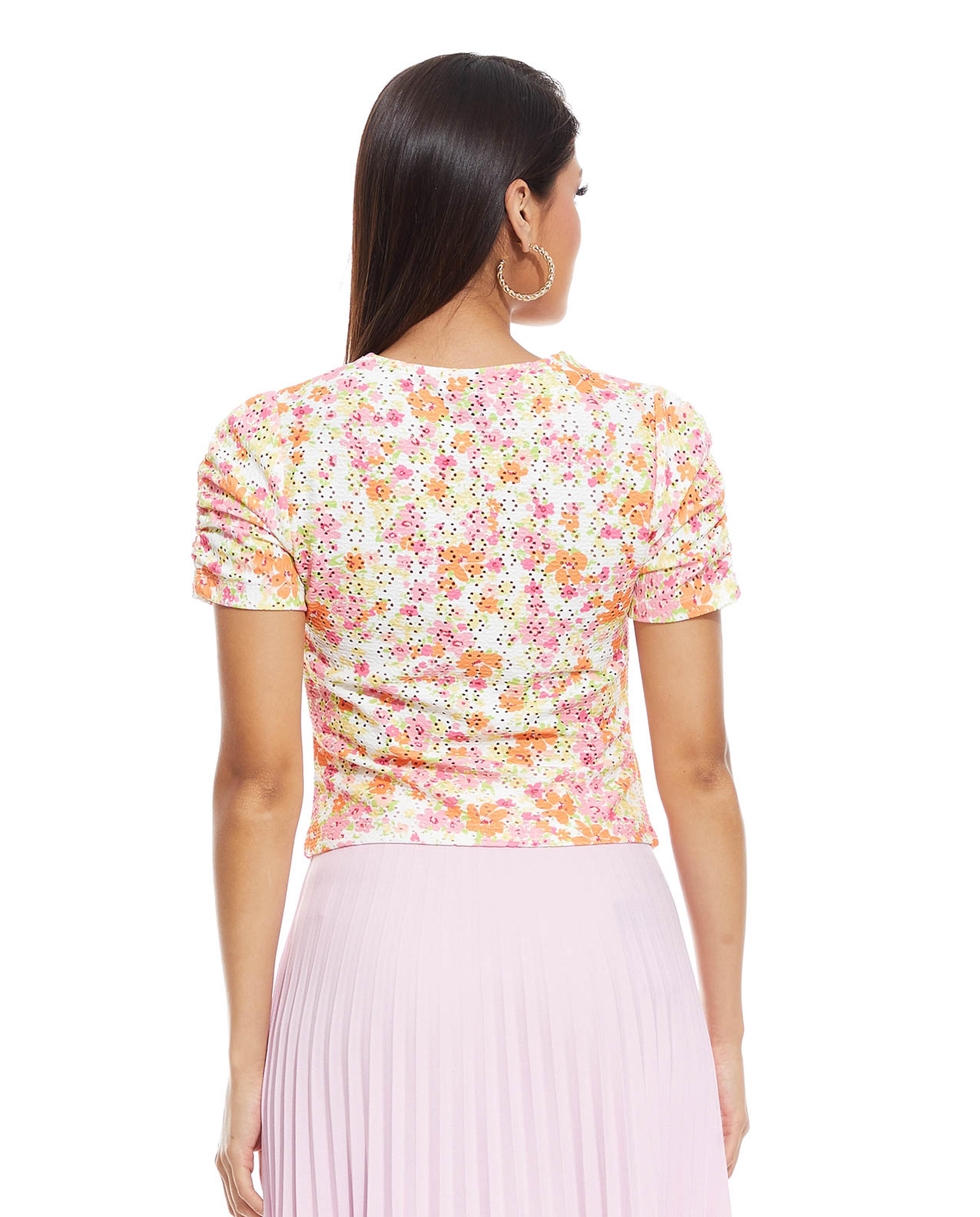 Printed Top with Sweetheart Neck and Short Sleeves