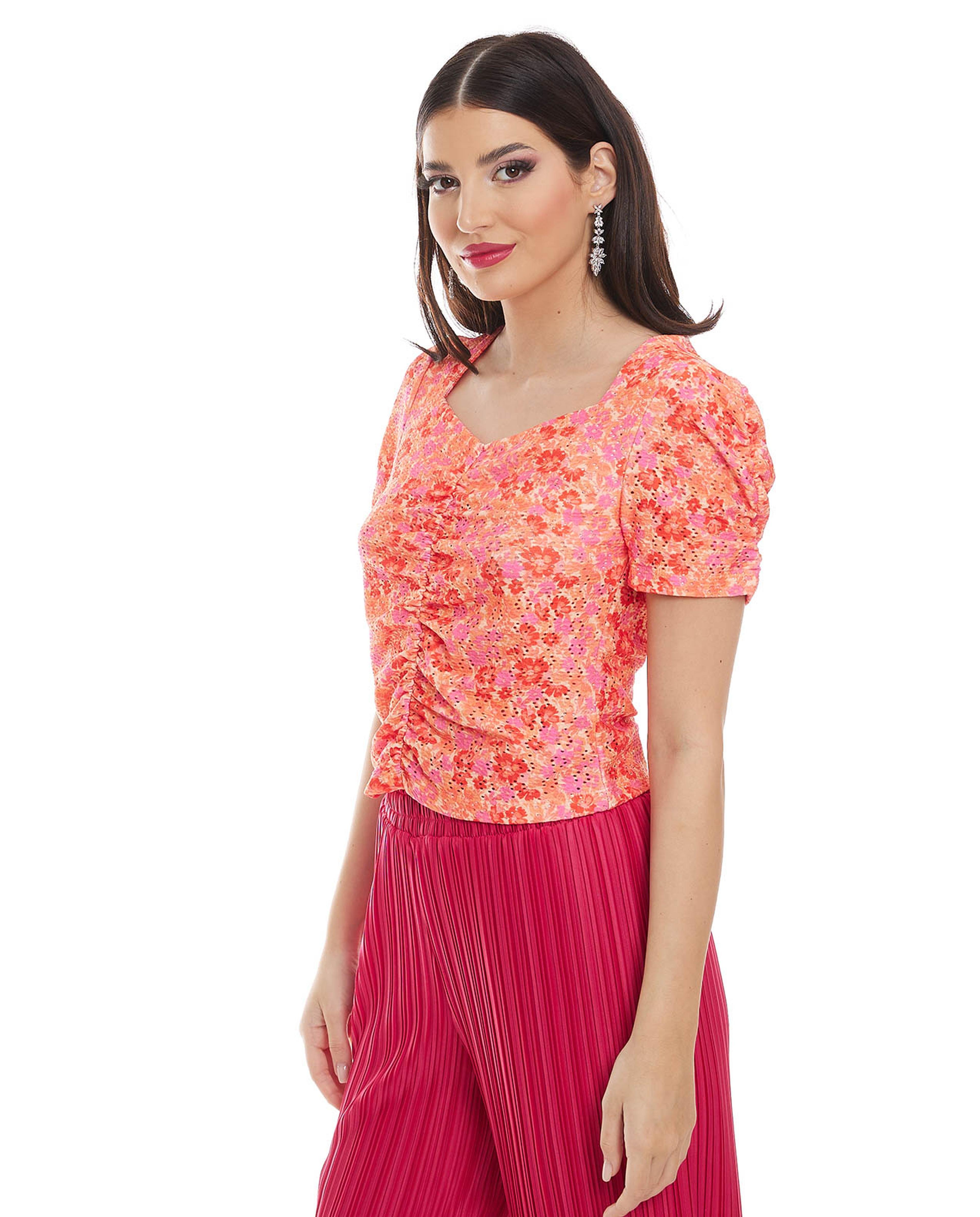 Printed Top with Sweetheart Neck and Short Sleeves
