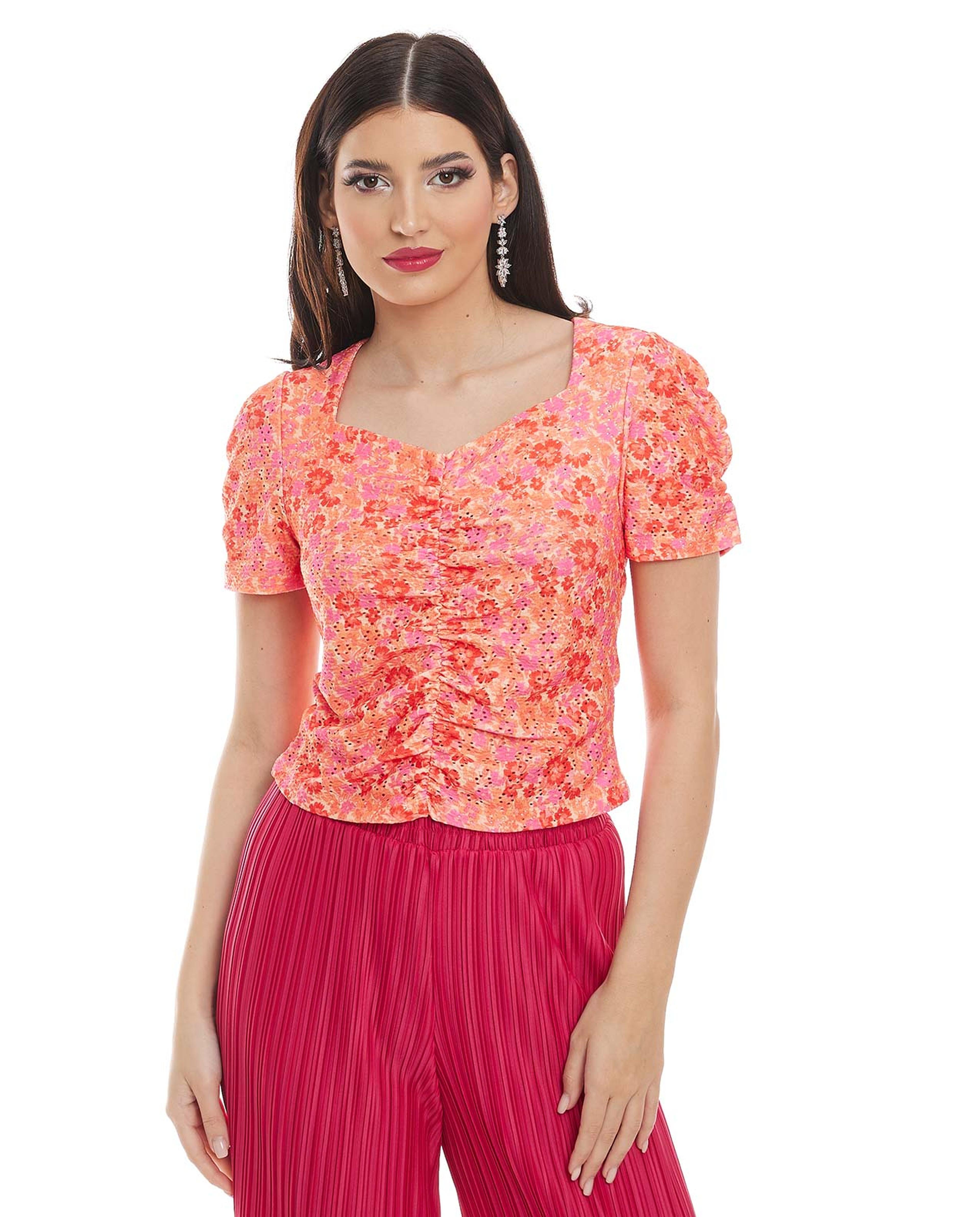 Printed Top with Sweetheart Neck and Short Sleeves