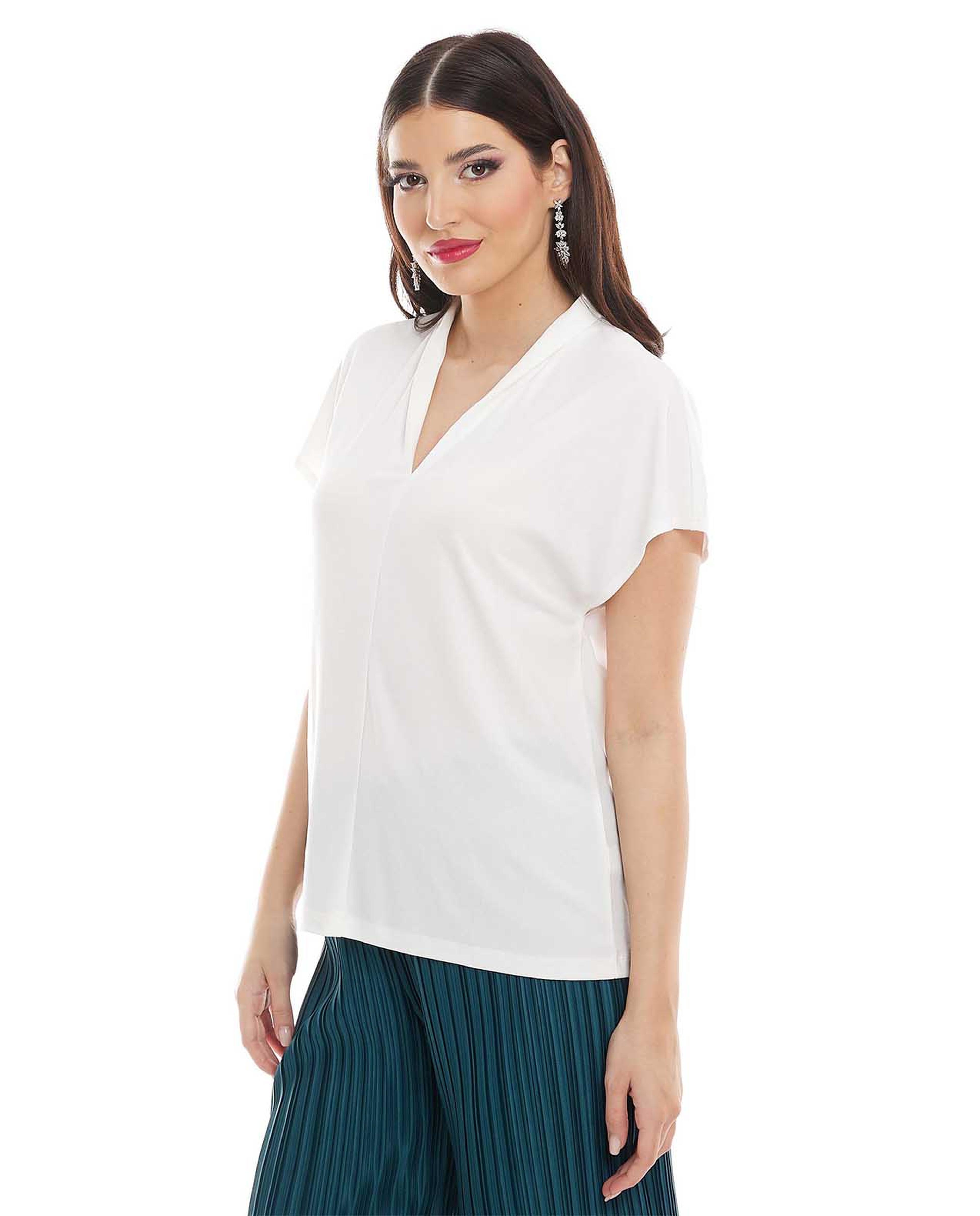 Solid Top with V-Neck and Short Sleeves