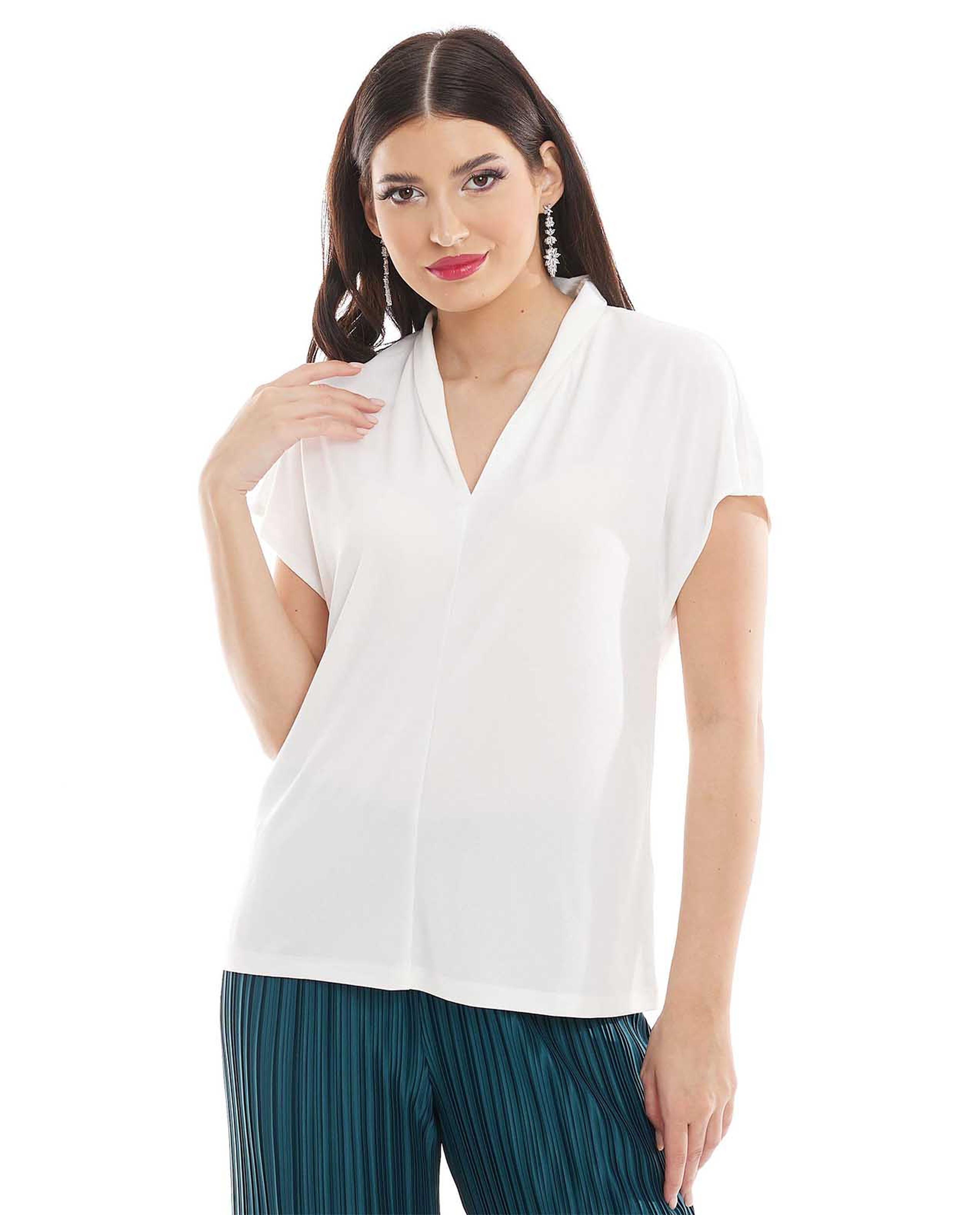 Solid Top with V-Neck and Short Sleeves