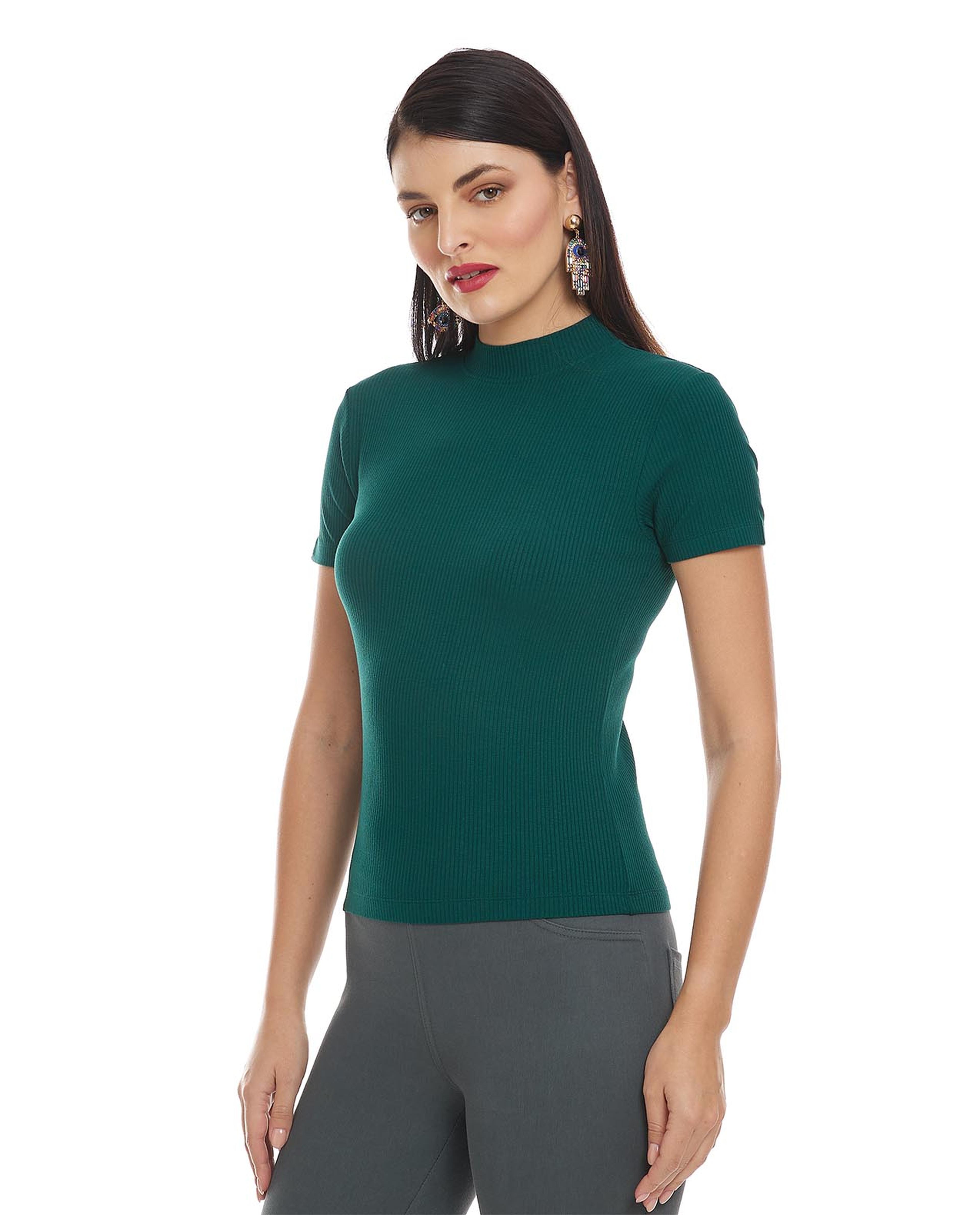 Solid Top with Mock Neck and Short Sleeves