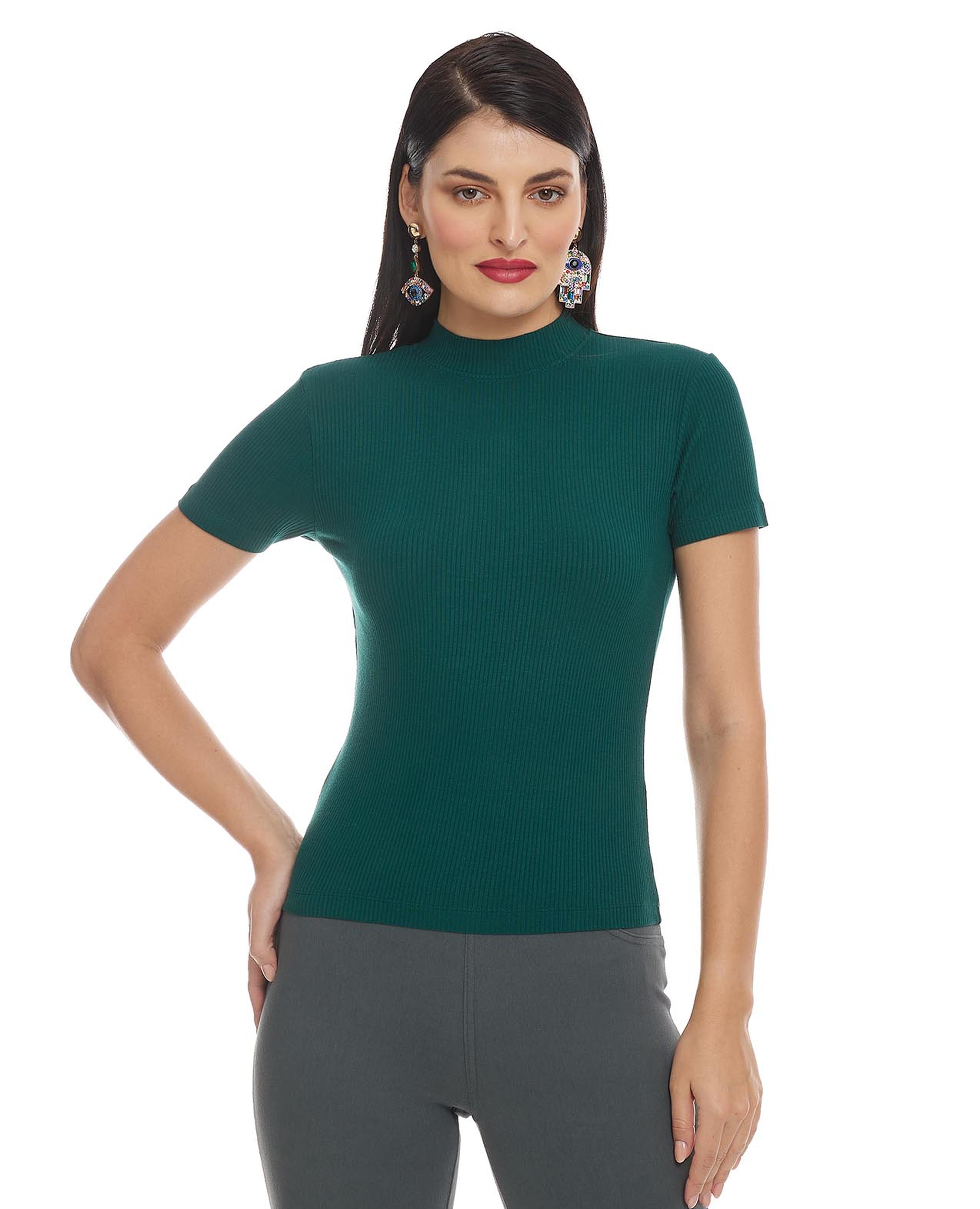 Solid Top with Mock Neck and Short Sleeves