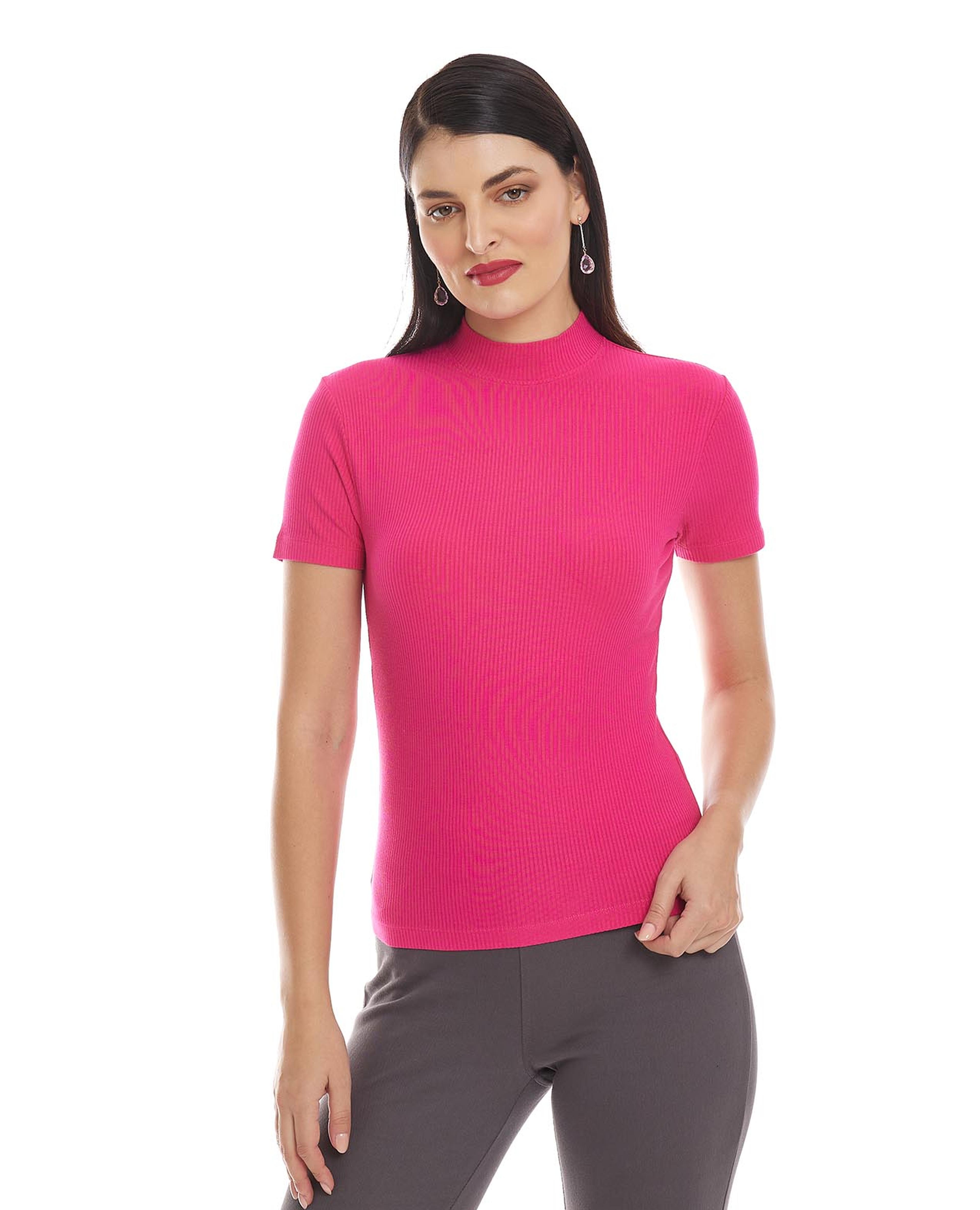 Solid Top with Mock Neck and Short Sleeves