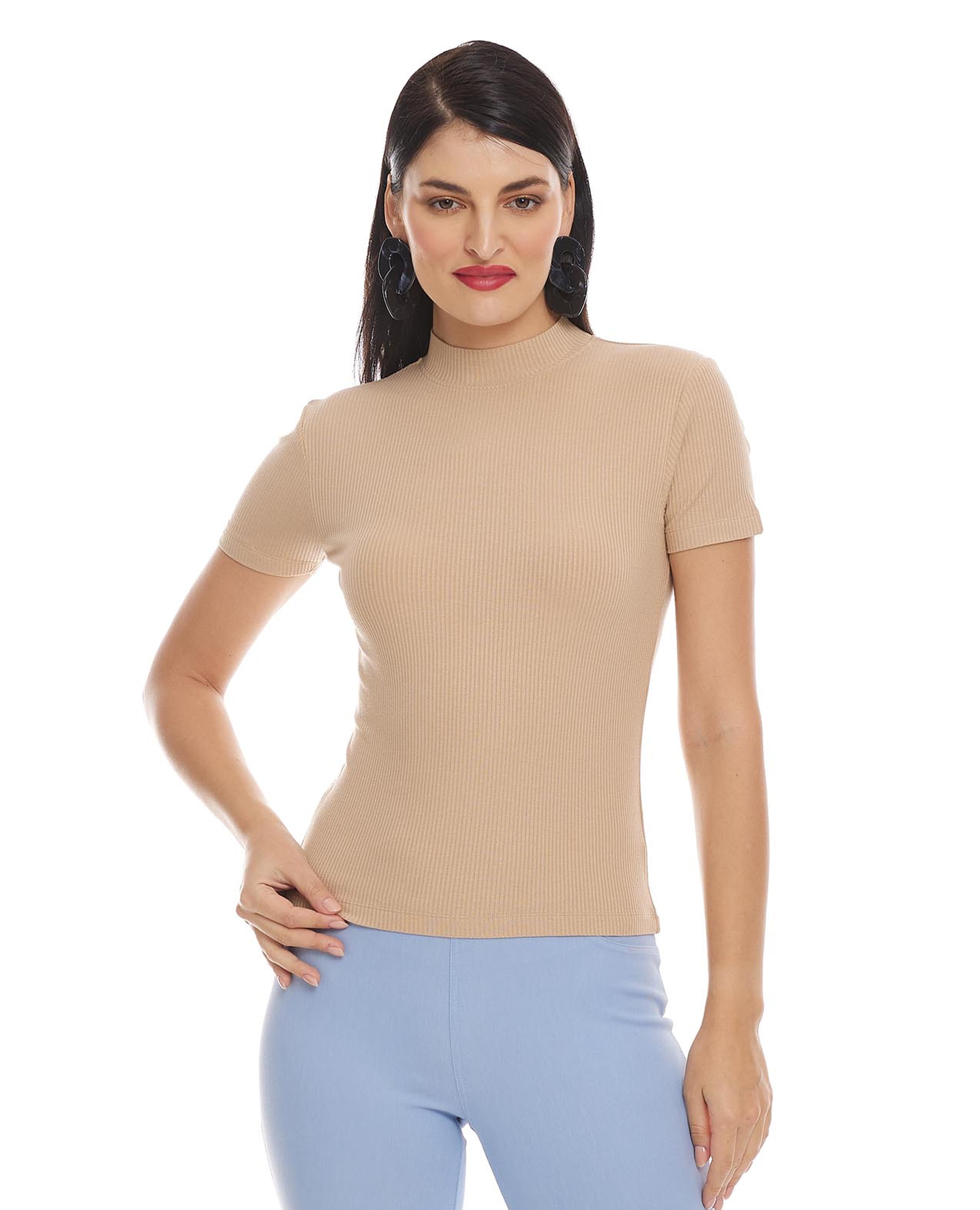 Solid Top with Mock Neck and Short Sleeves