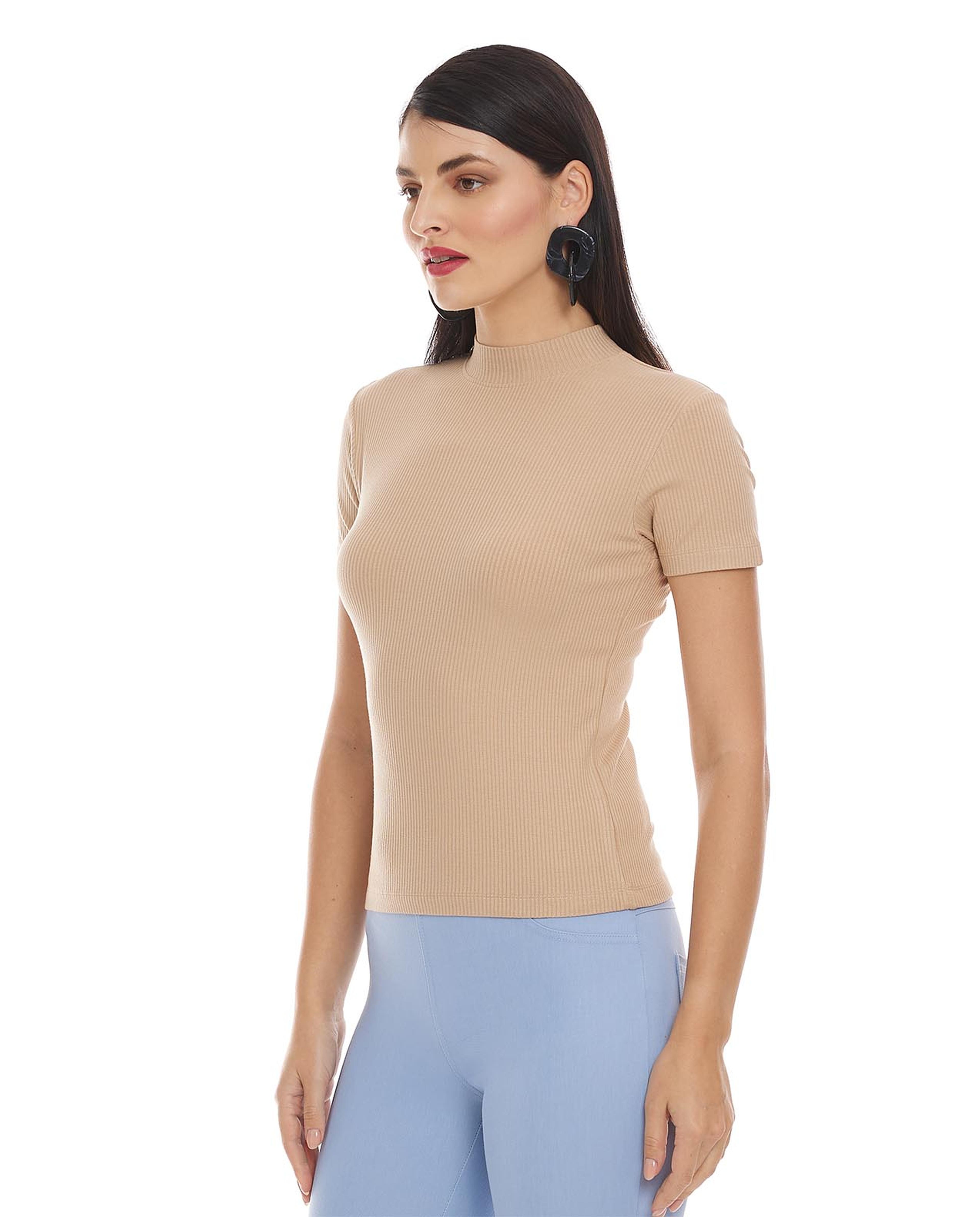 Solid Top with Mock Neck and Short Sleeves