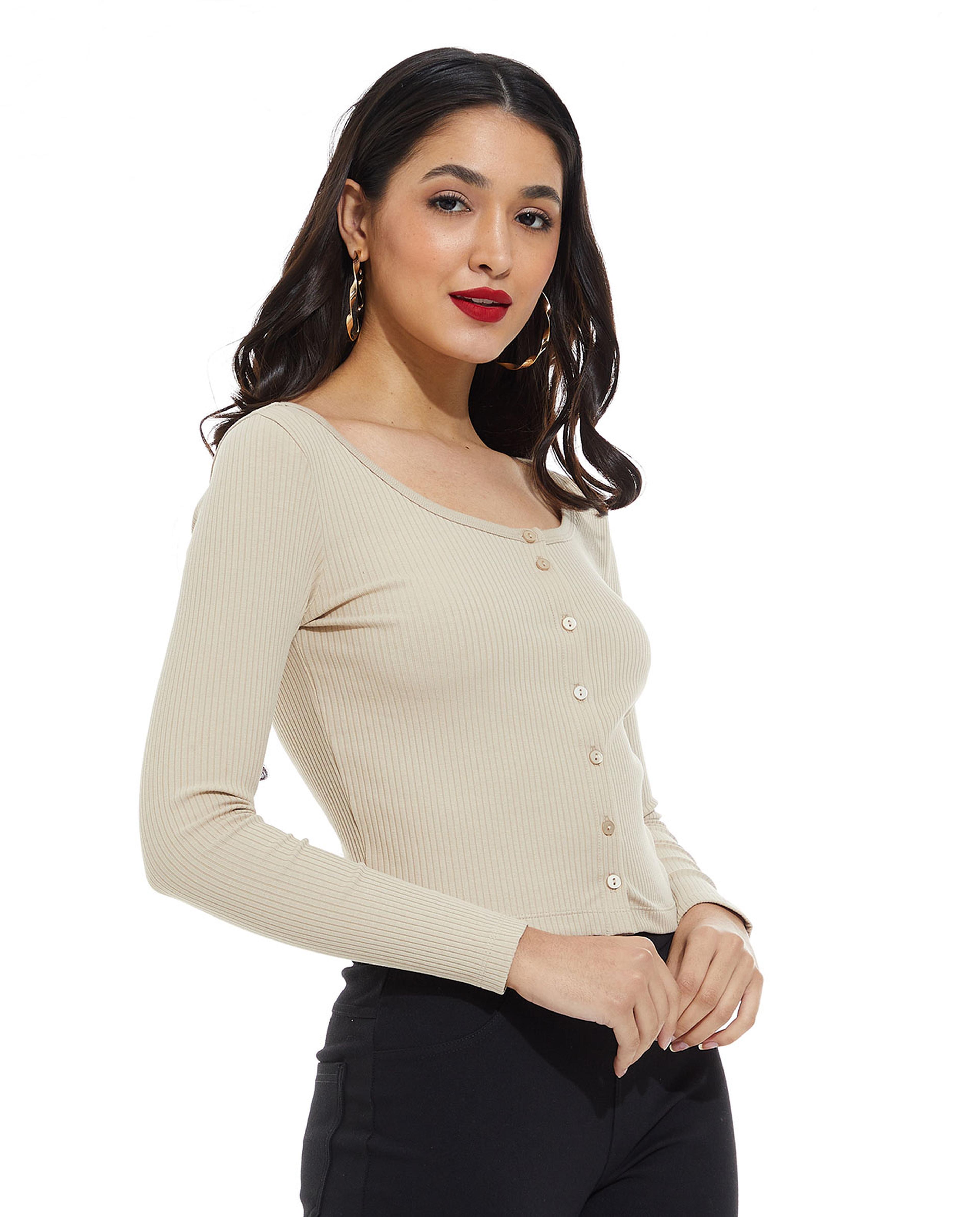 Solid Top with Scoop Neck and Long Sleeves