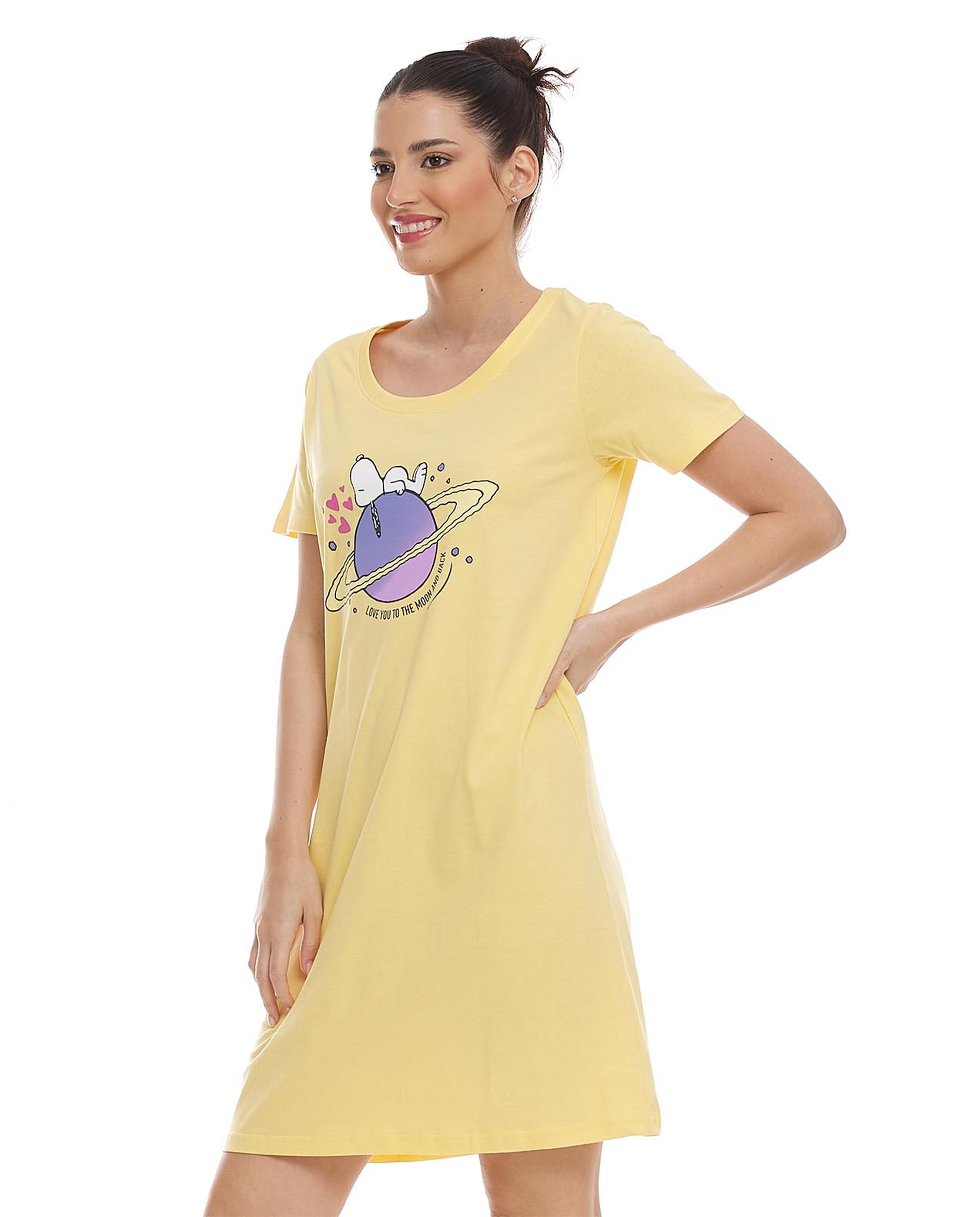 Printed Short Nightdress with Crew Neck and Short Sleeves