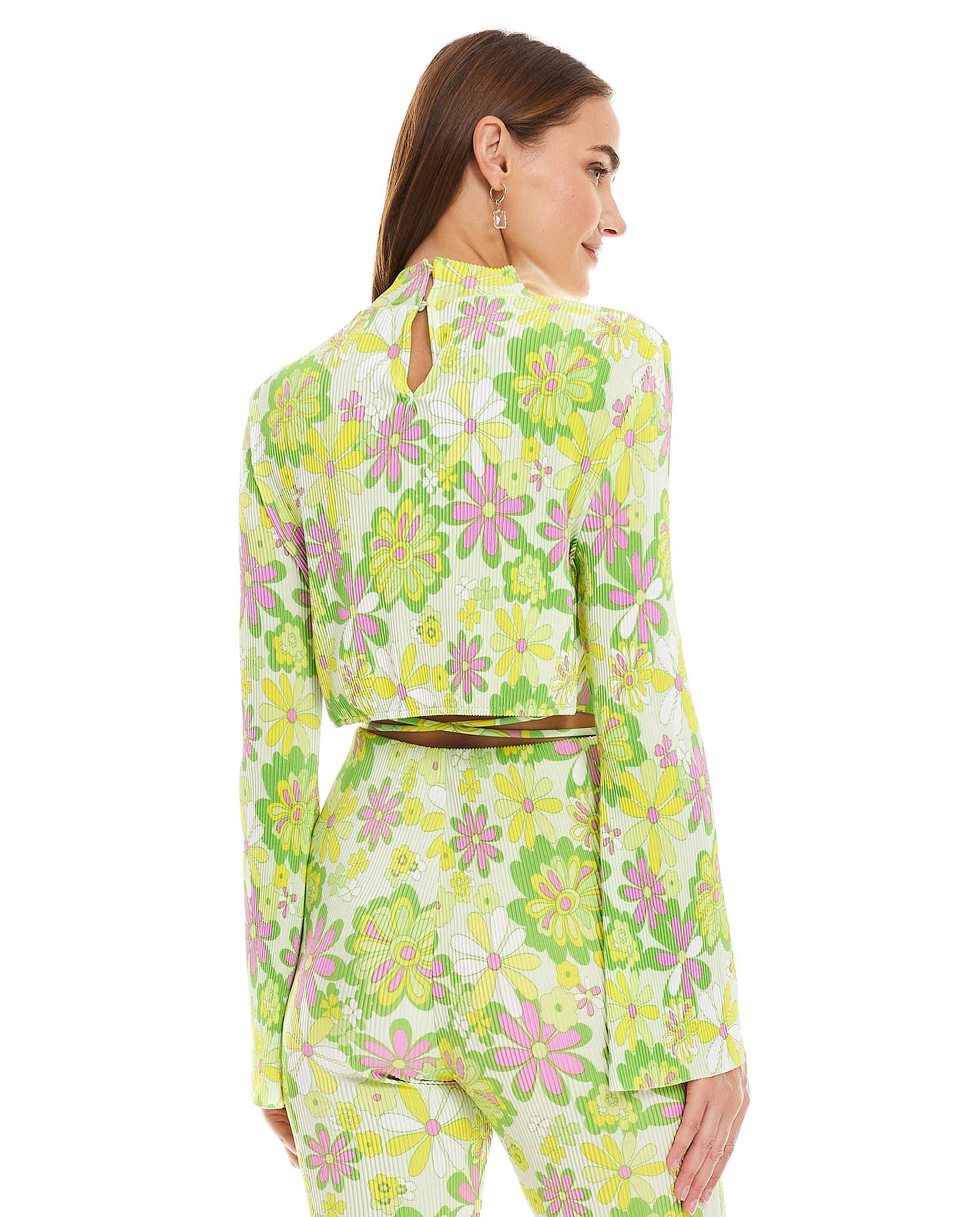 Floral Printed Top with Mock Neck and Flared Sleeves