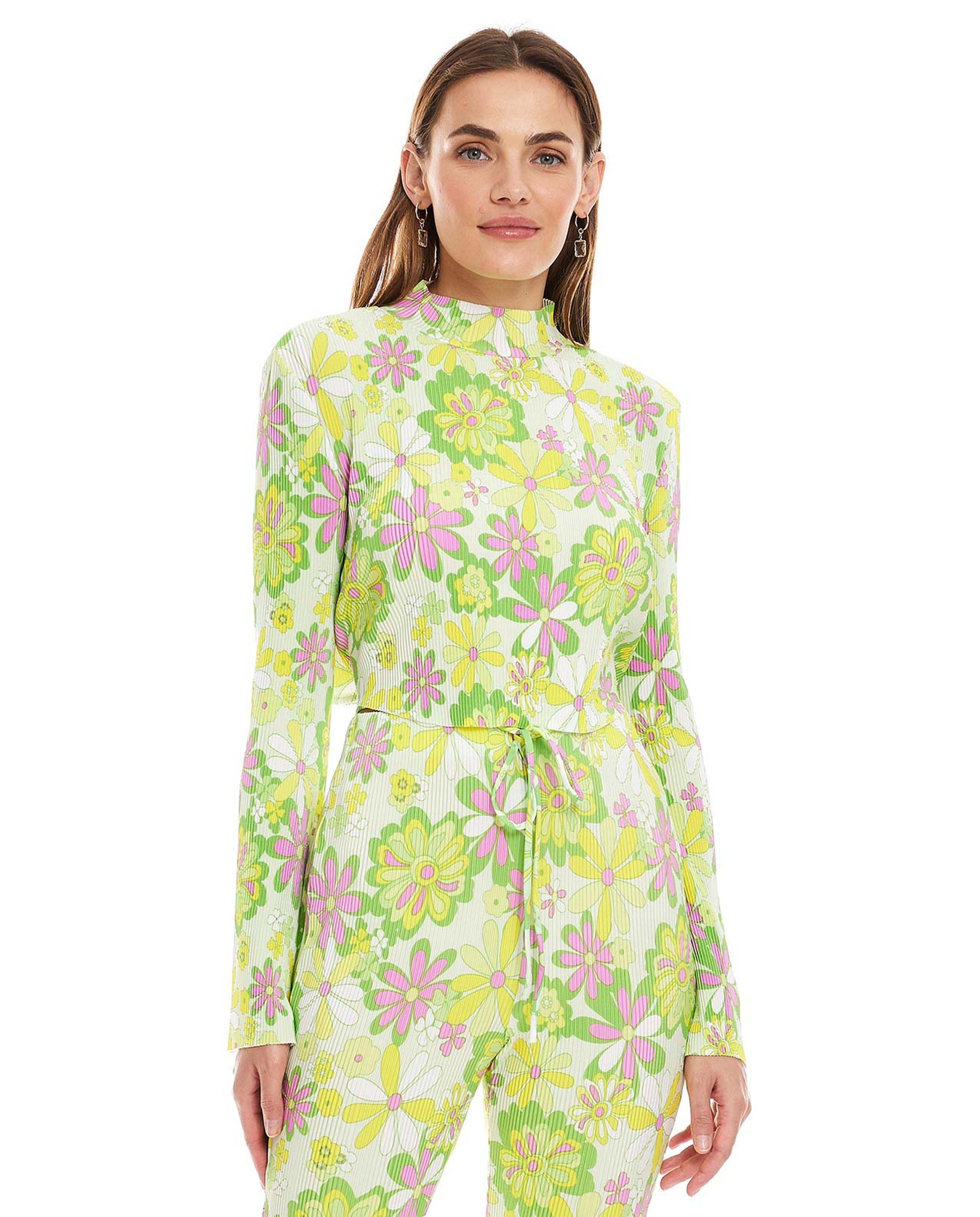 Floral Printed Top with Mock Neck and Flared Sleeves