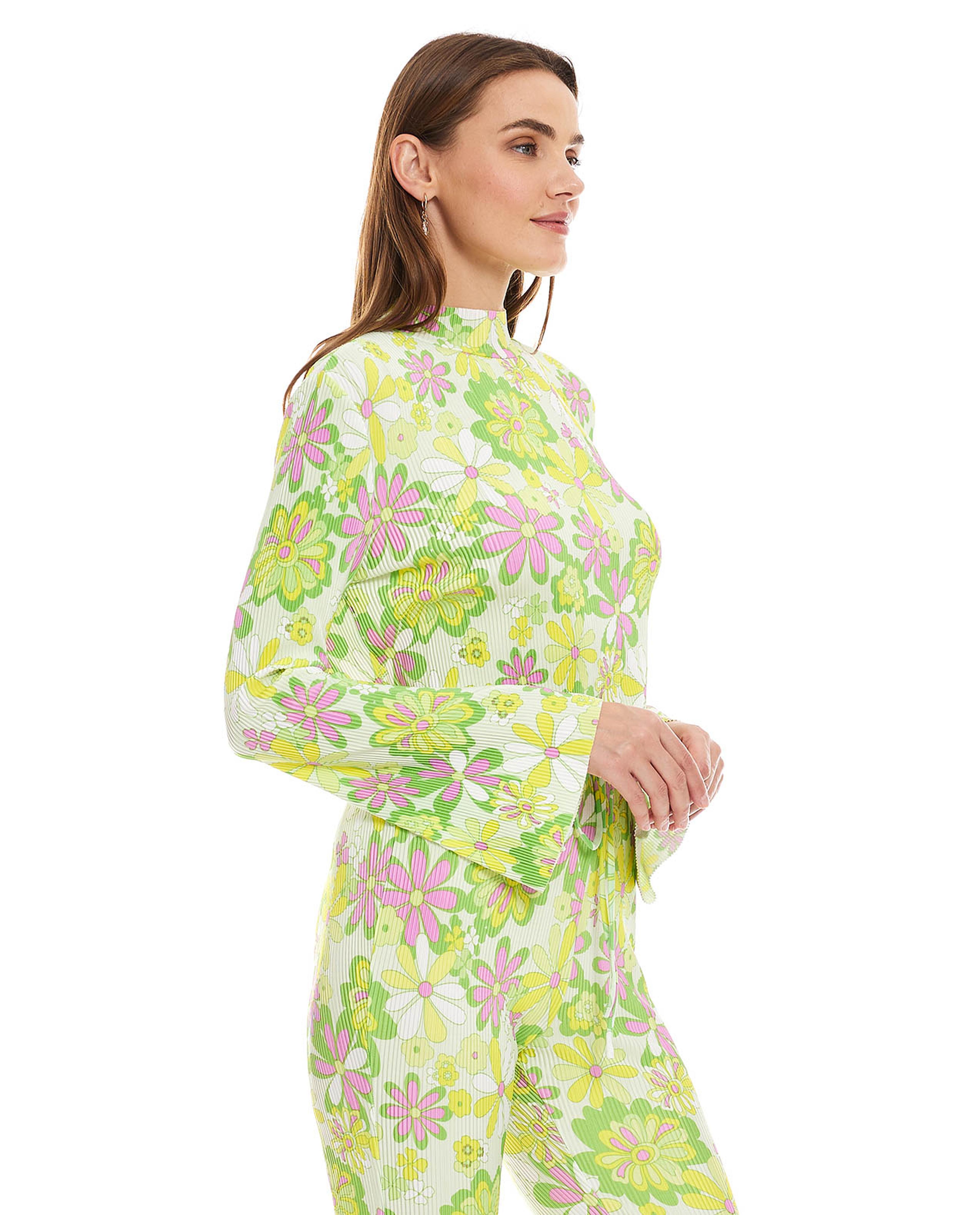 Floral Printed Top with Mock Neck and Flared Sleeves