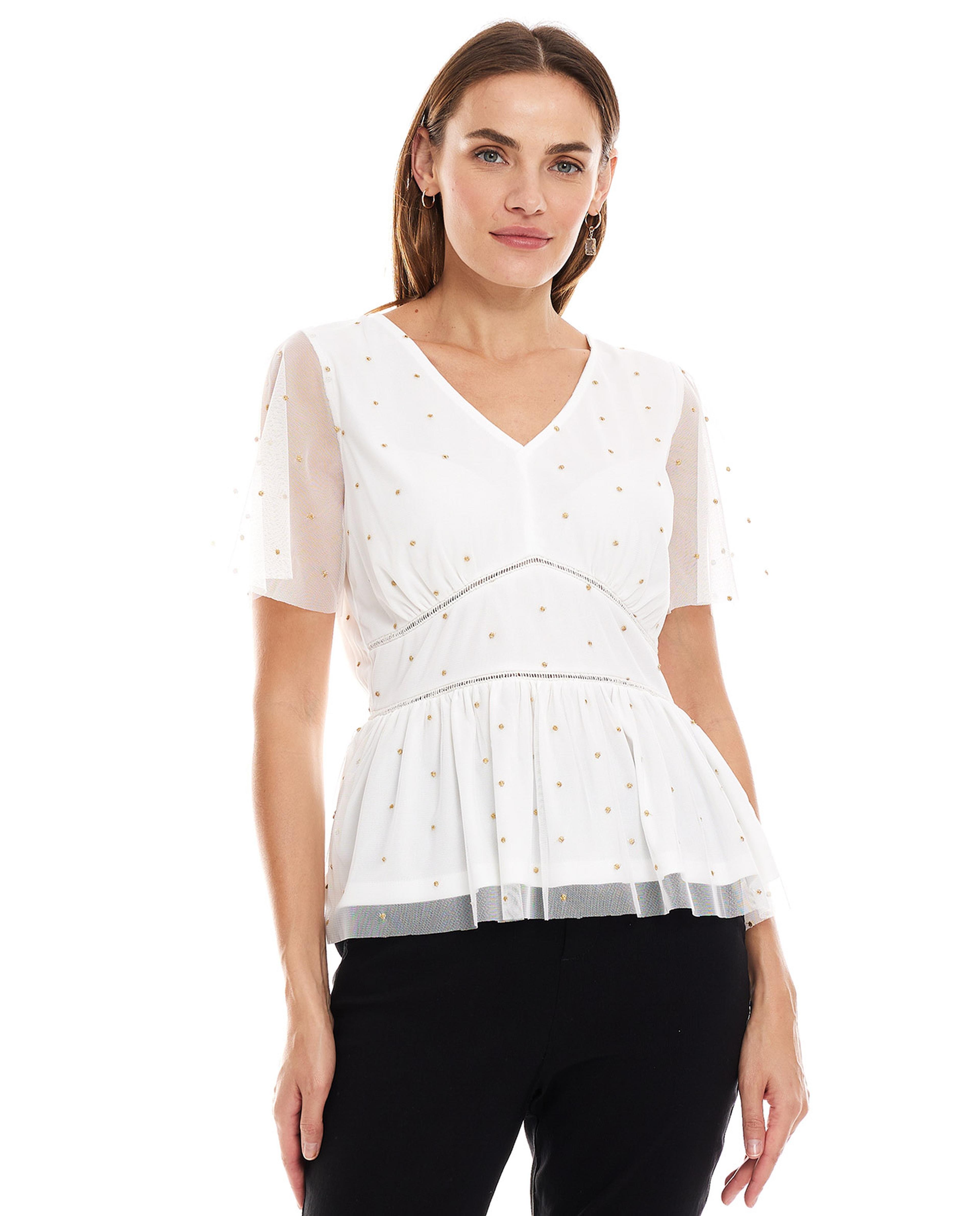 Embroidered Top with V-Neck and Bell Sleeves