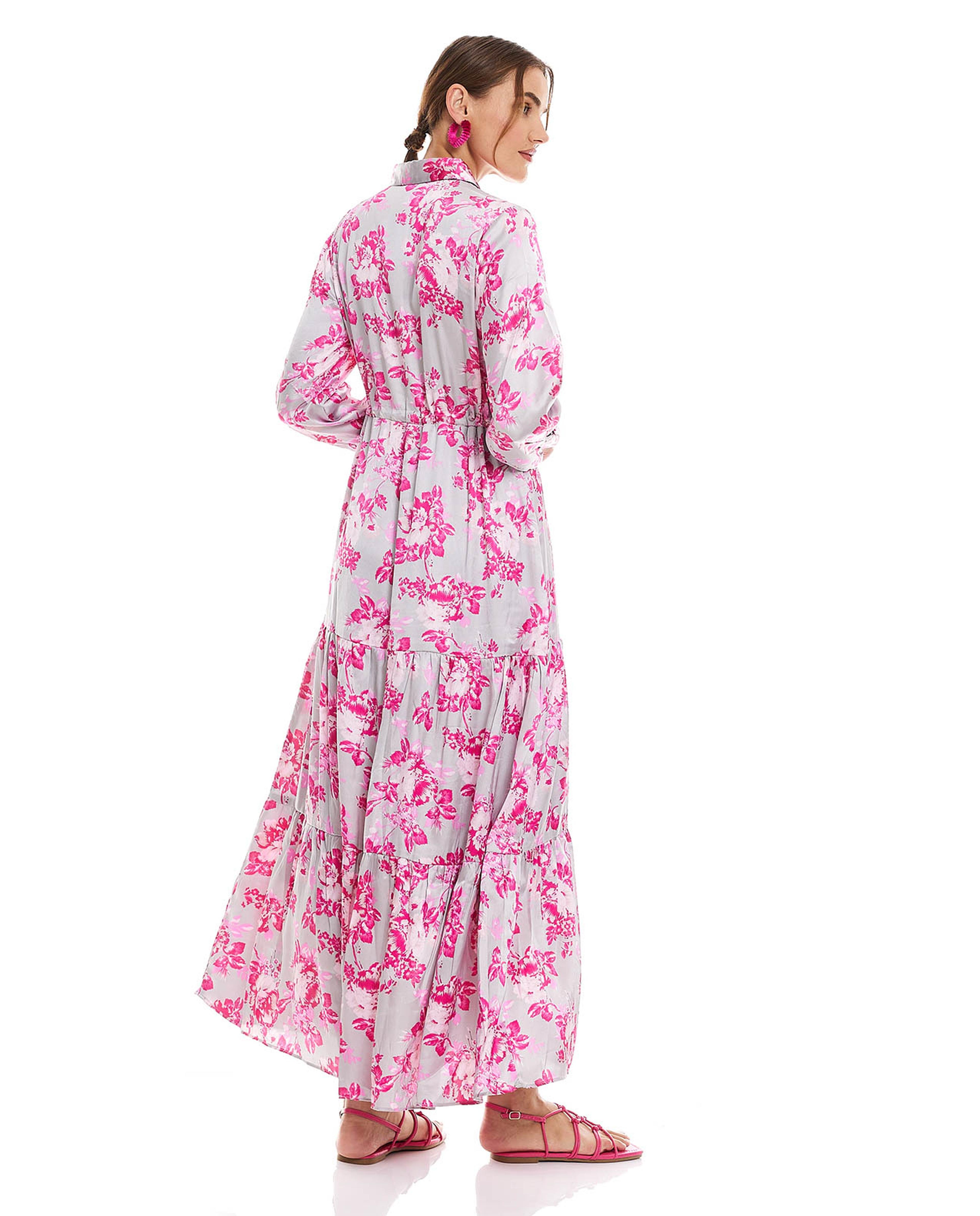 Floral Printed Maxi Dress with Shirt Collar and Long Sleeves