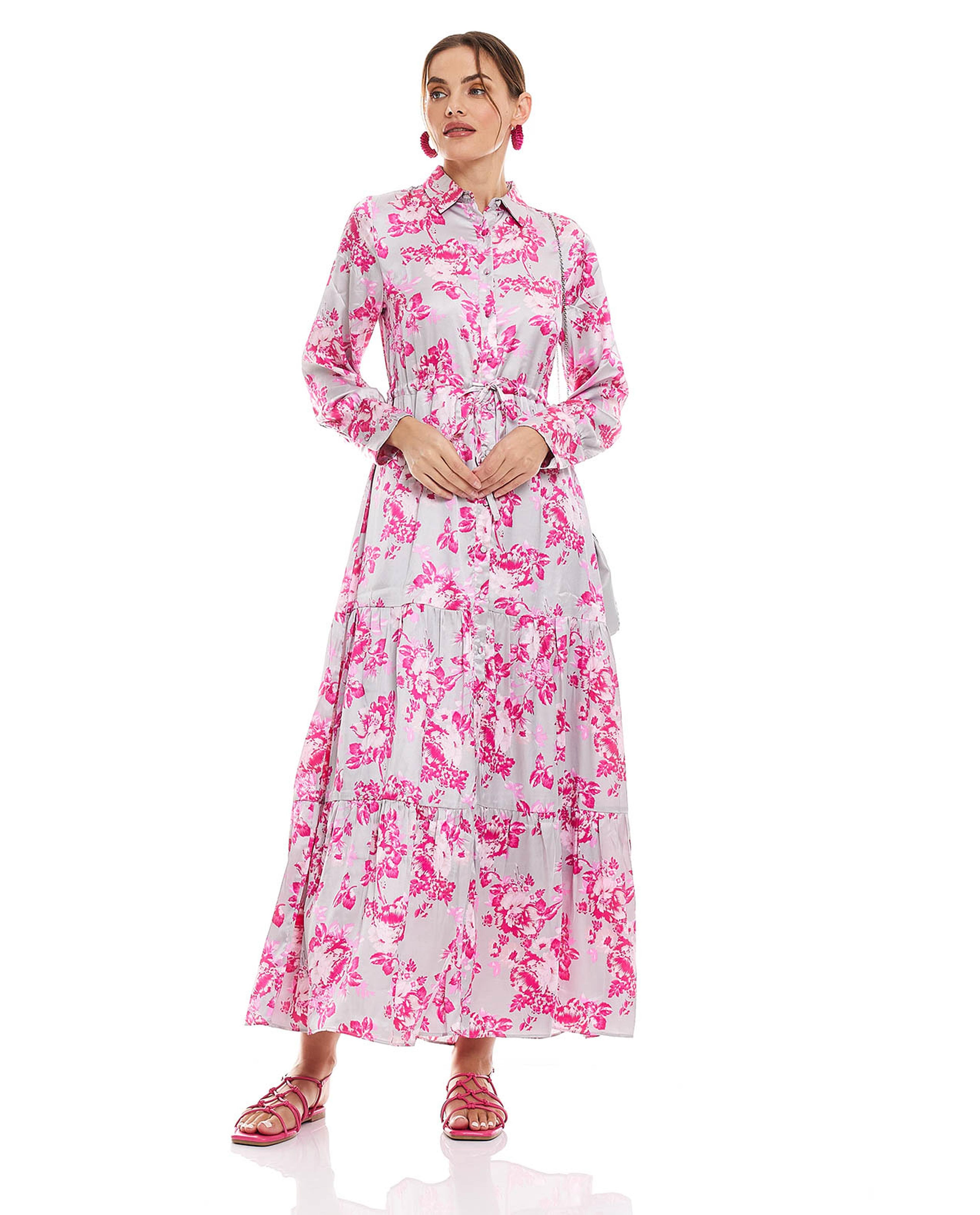 Floral Printed Maxi Dress with Shirt Collar and Long Sleeves