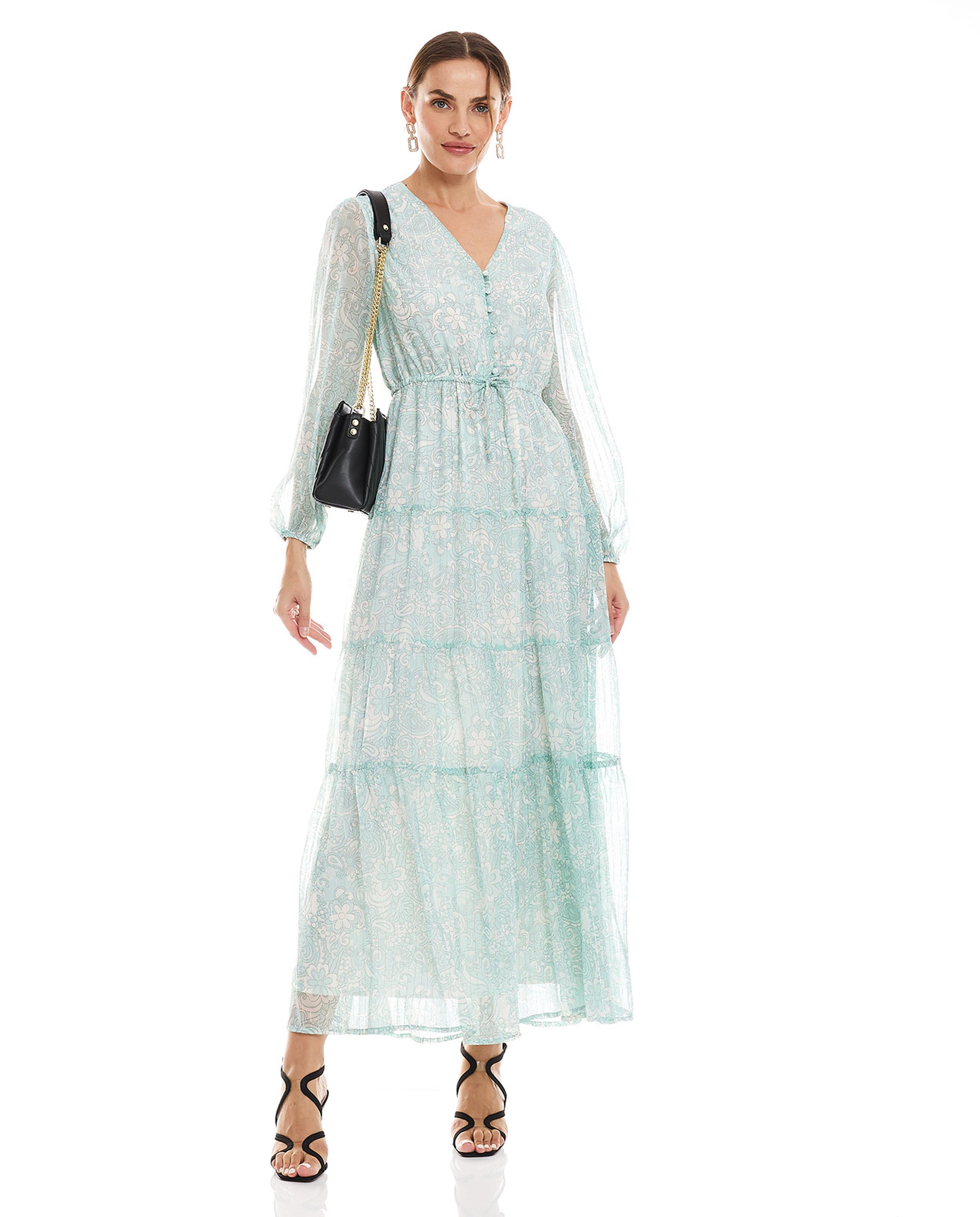 Printed Maxi Dress with V-Neck and Long Sleeves