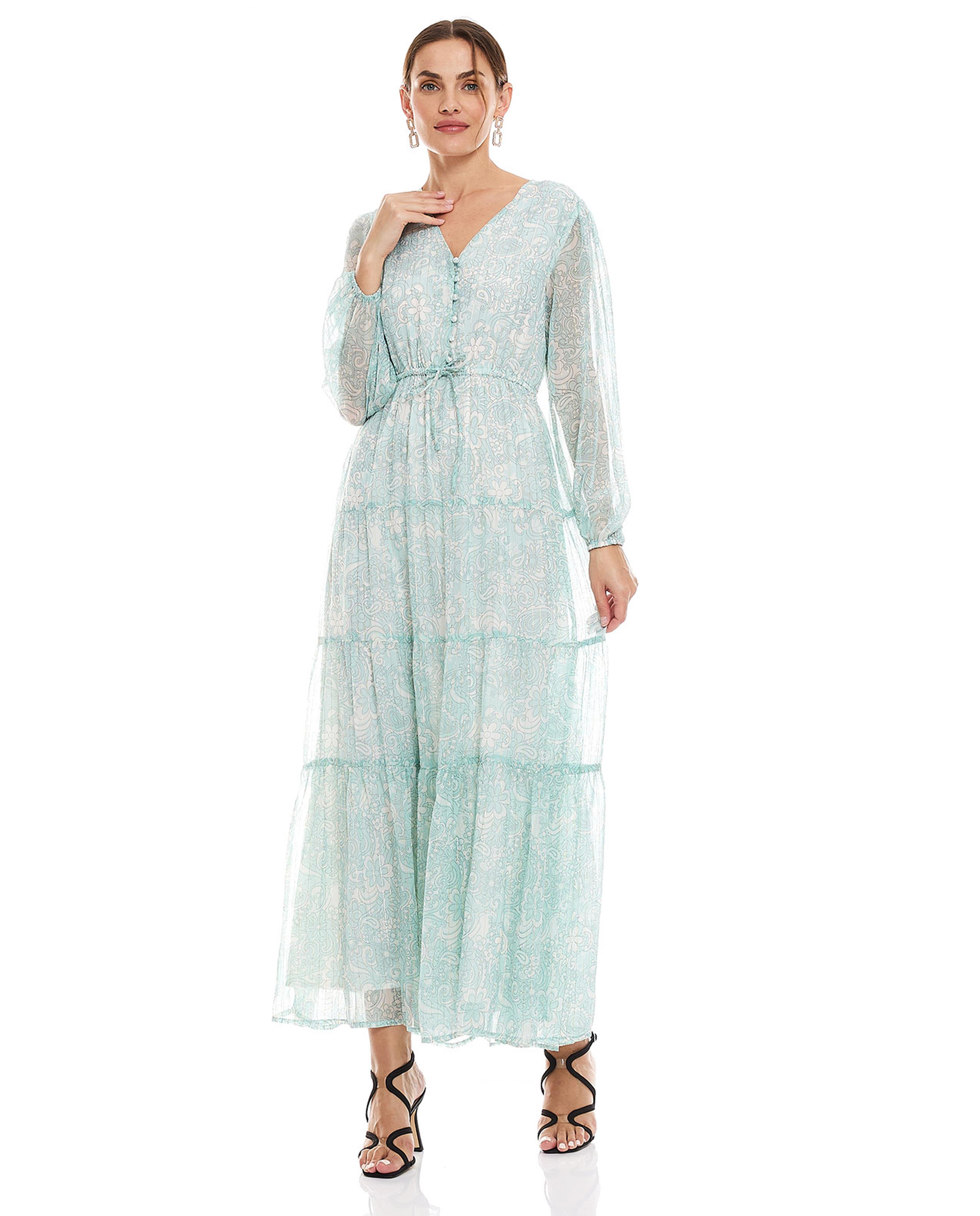 Printed Maxi Dress with V-Neck and Long Sleeves