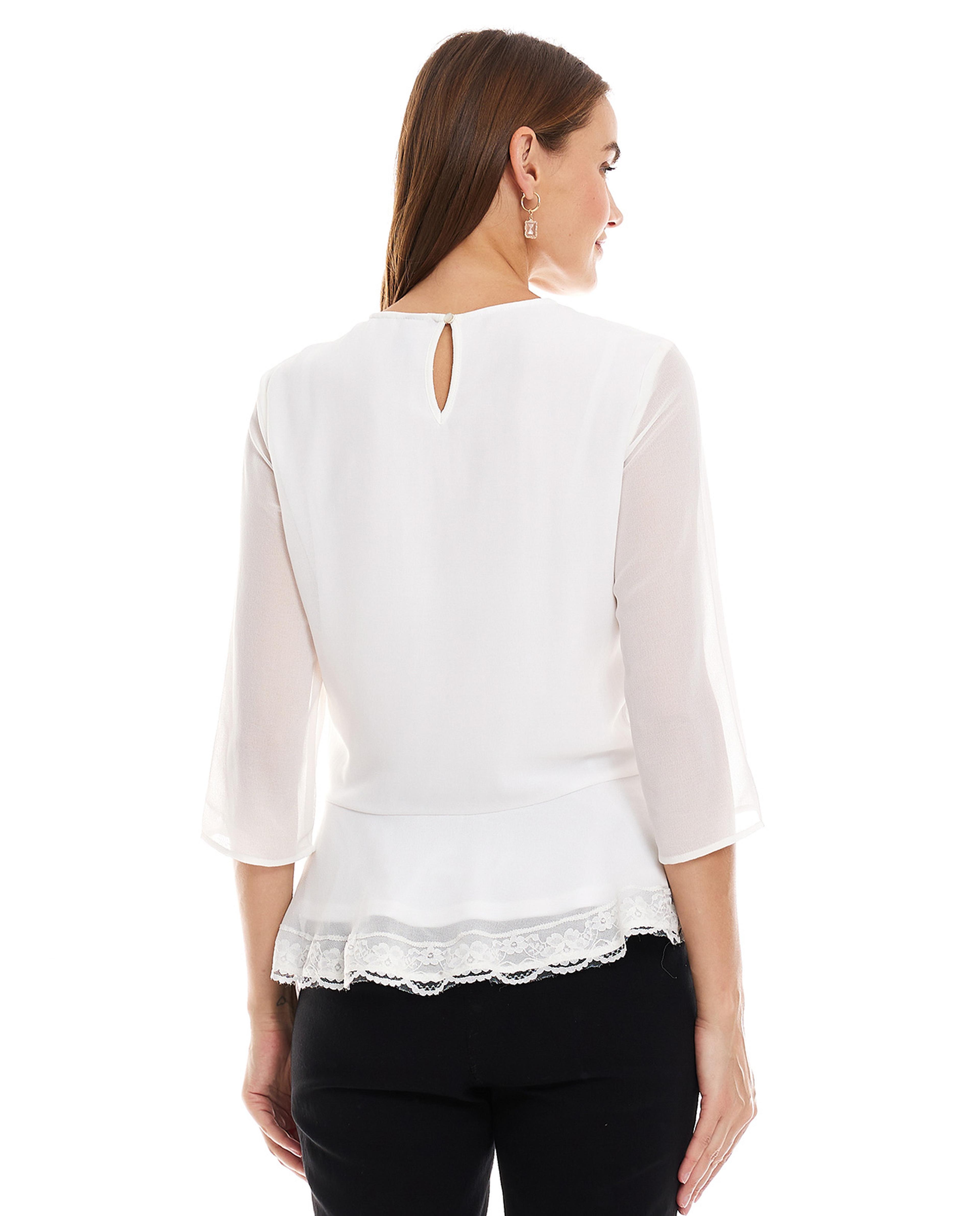 Embroidered Top with Crew Neck and 3/4 Sleeves