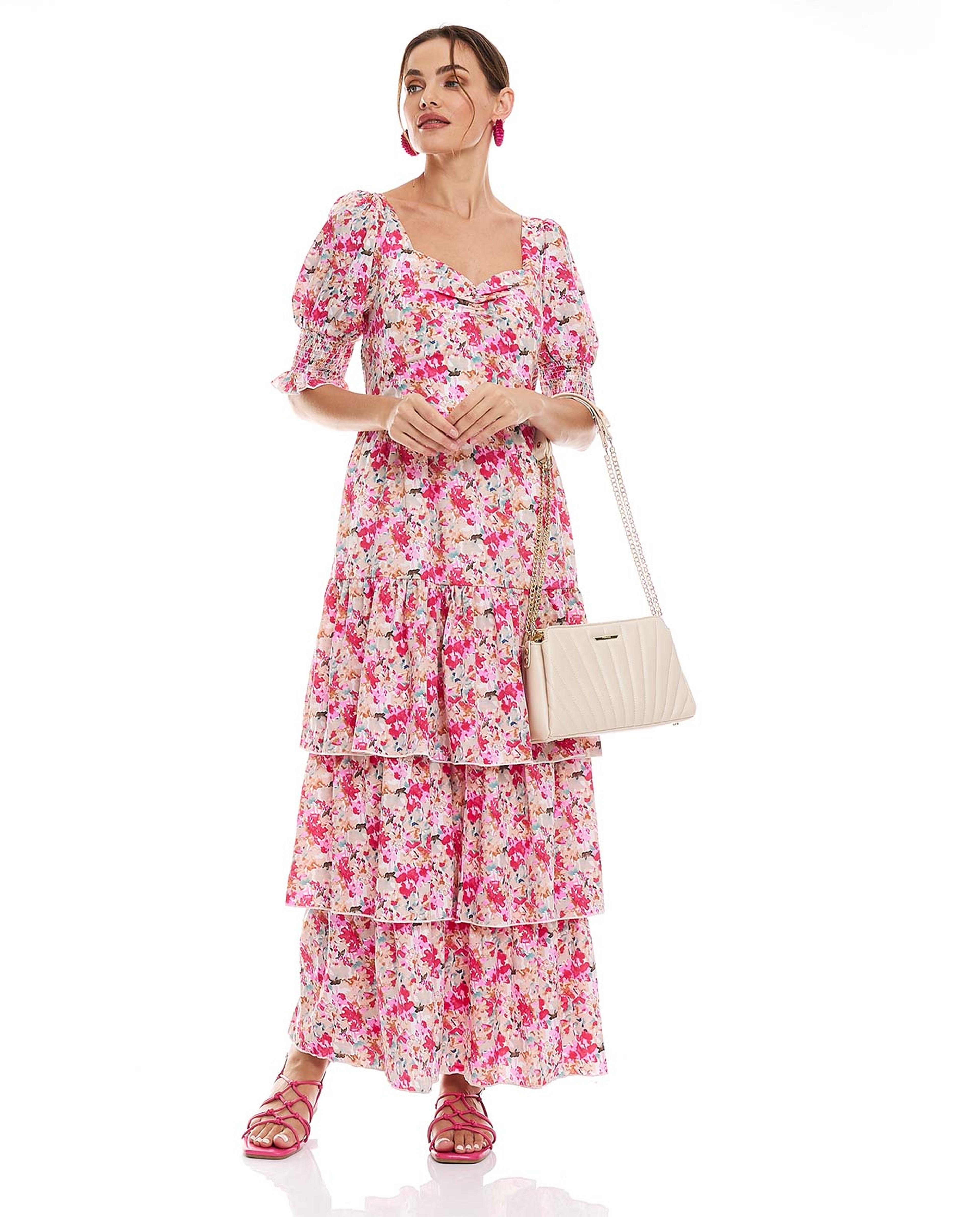 Floral Printed Maxi Dress with Sweetheart Neck and Puff Sleeves