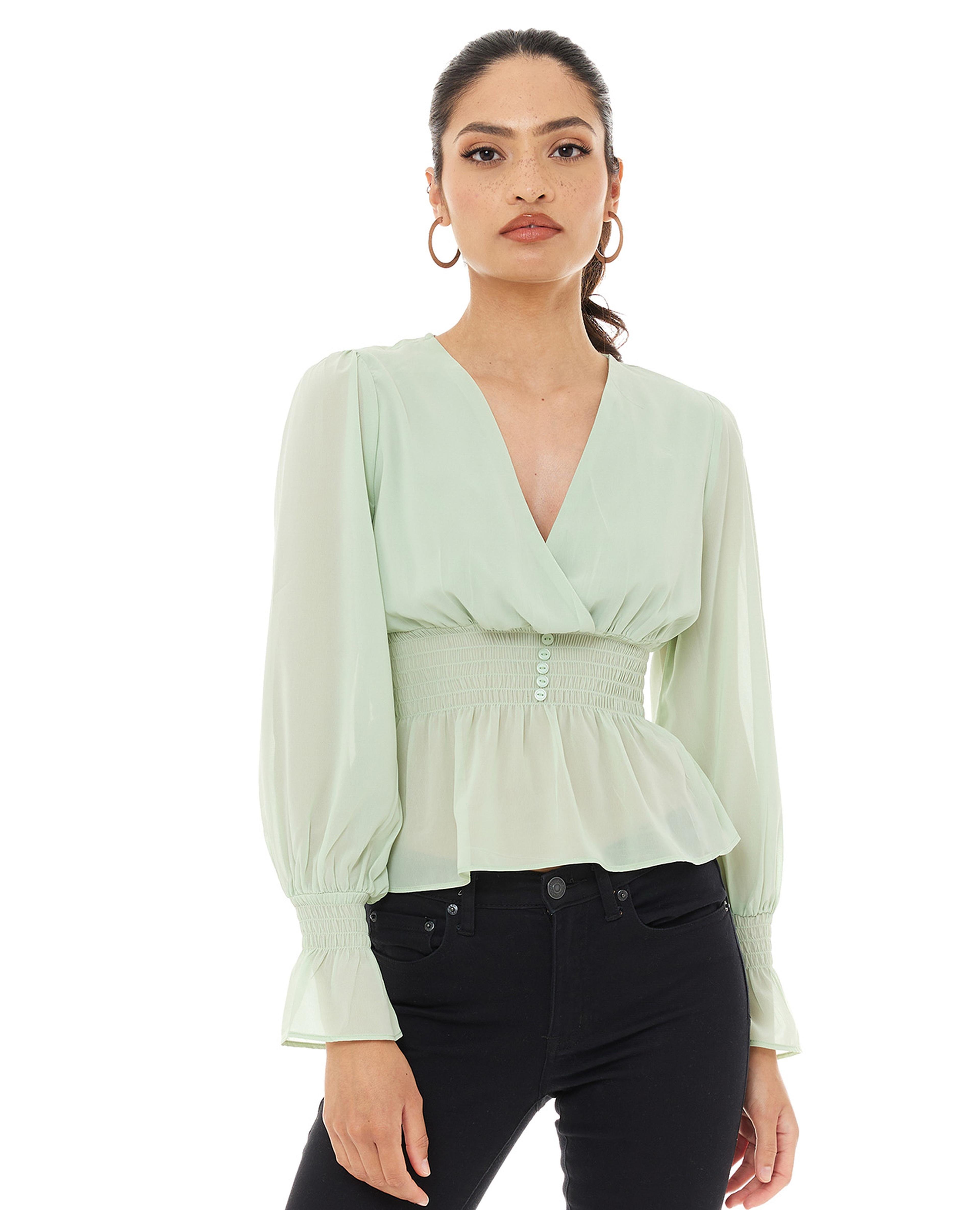 Solid Top with V-Neck and Bishop Sleeves