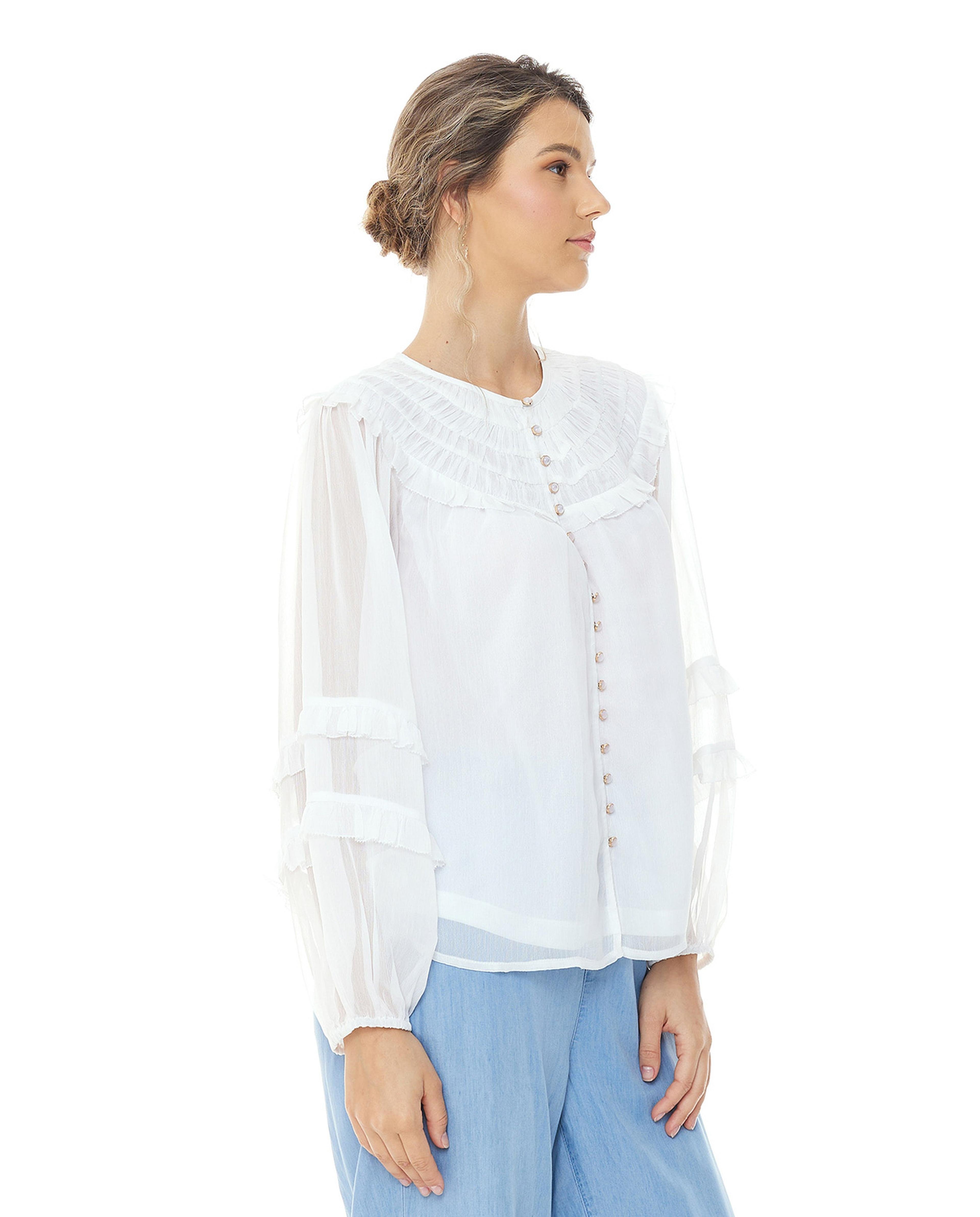 Solid Top with Crew Neck and Ruffle Detail Sleeves