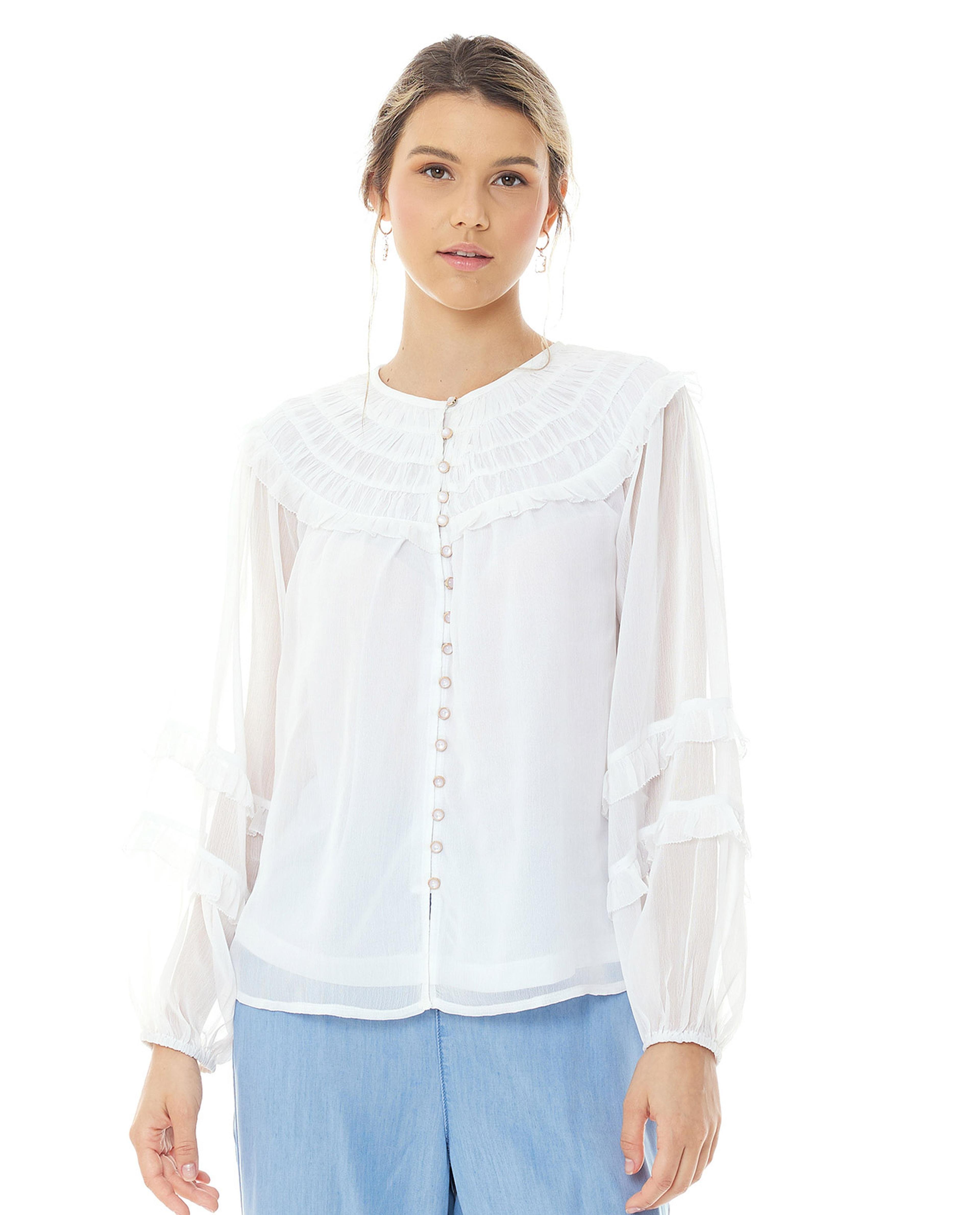 Solid Top with Crew Neck and Ruffle Detail Sleeves
