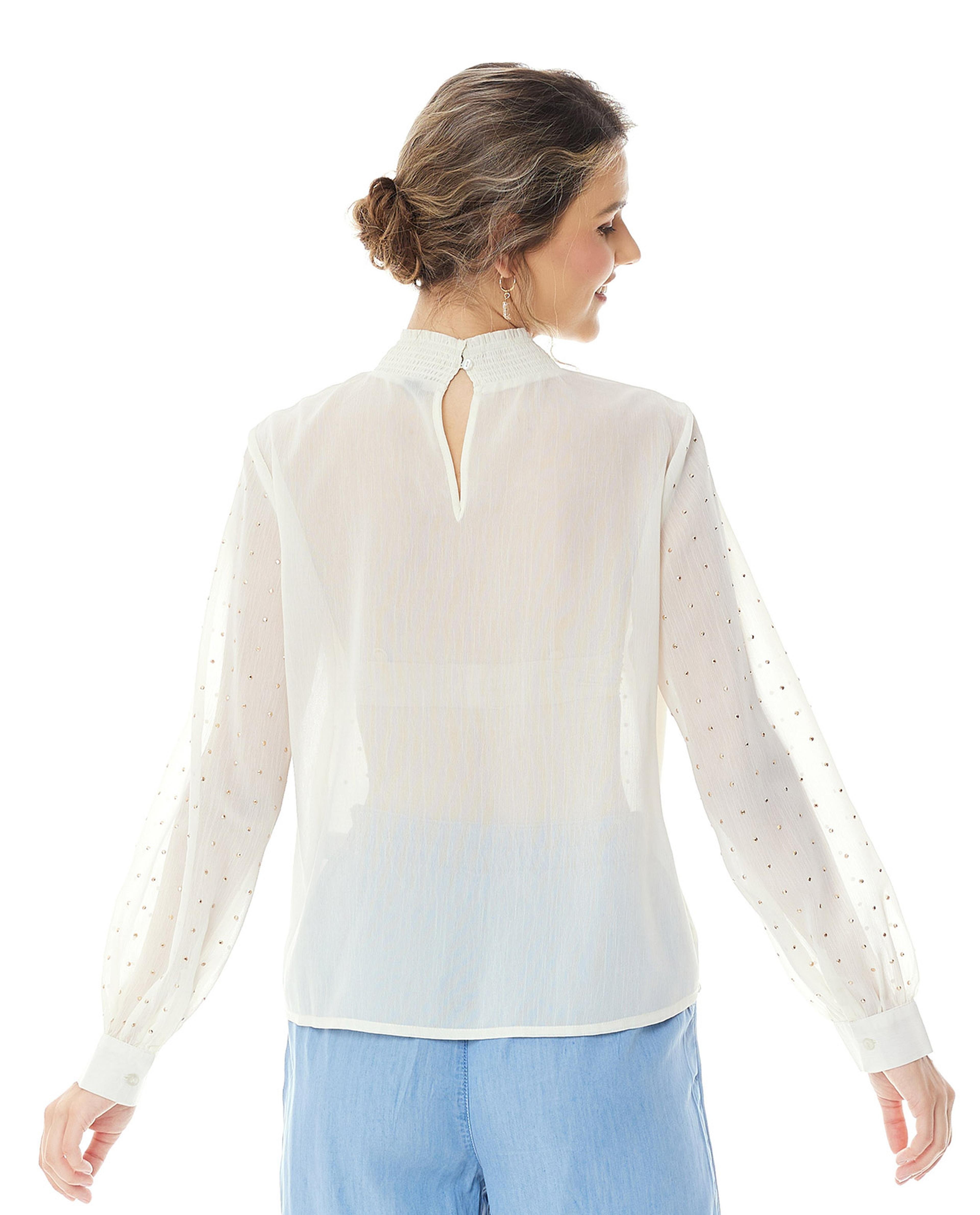 Embellished Top with Mock Neck and Cuffed Sleeves