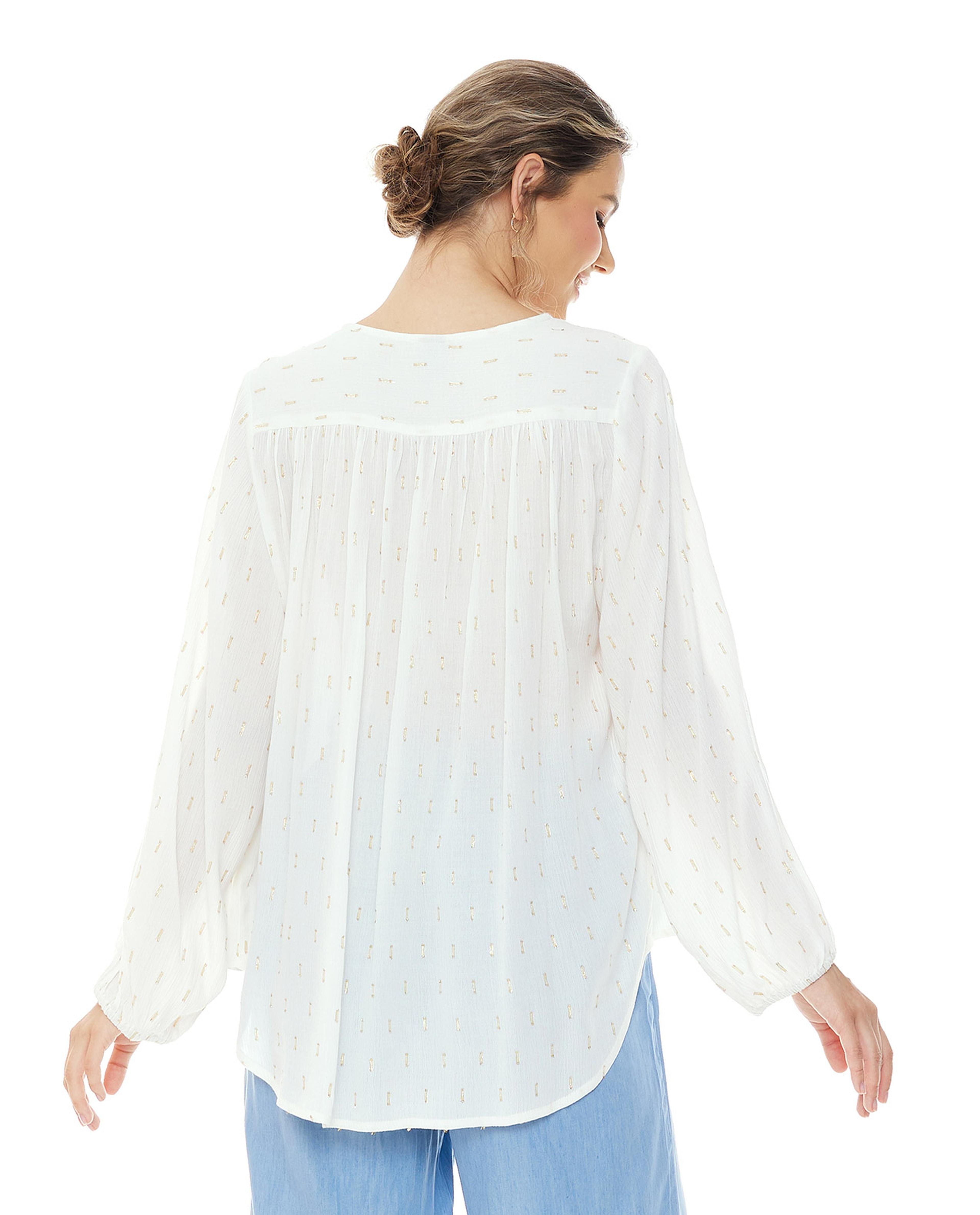 Woven Top with Round Neck and Long Sleeves