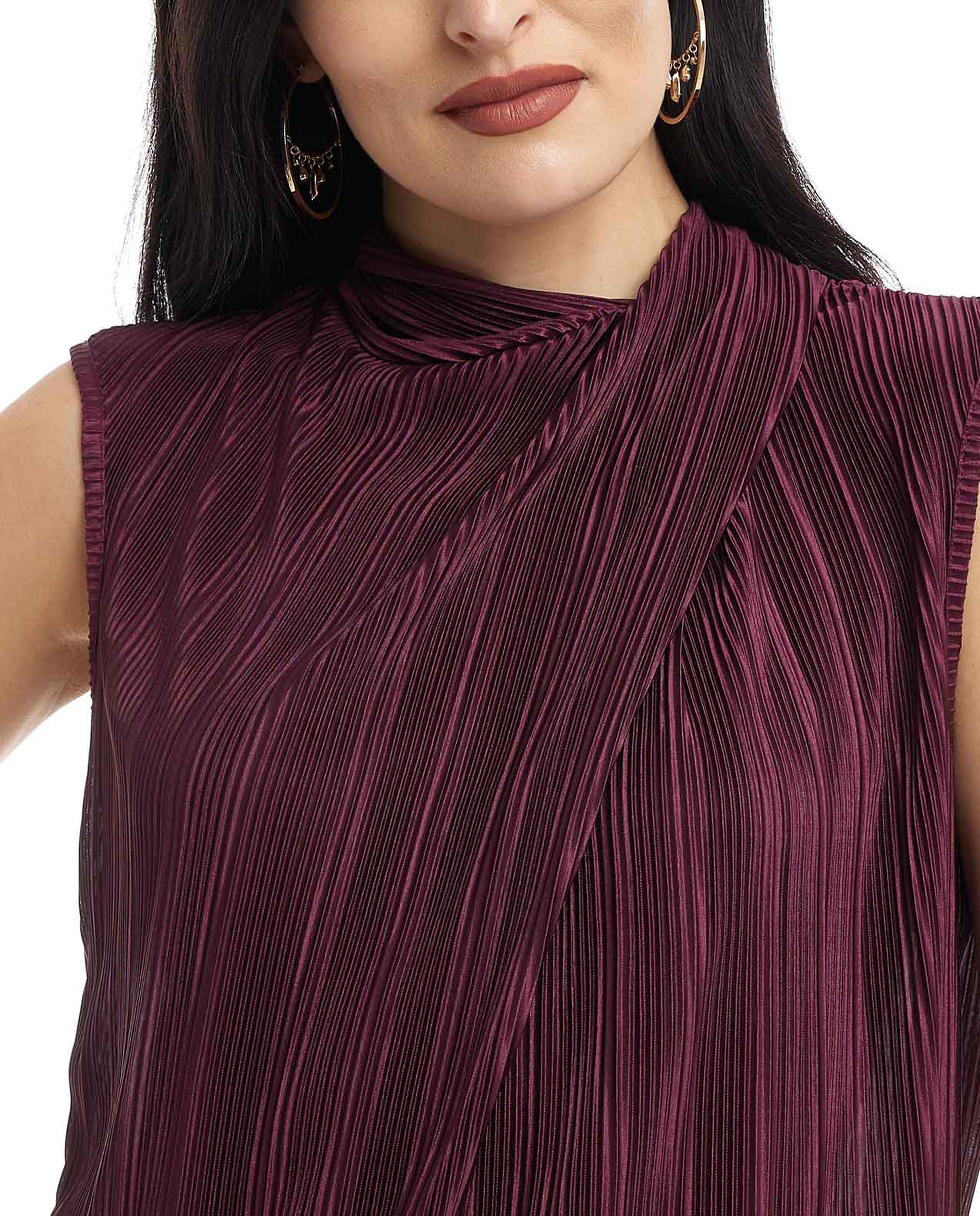 Pleated Sleeveless Top with Draped Neck