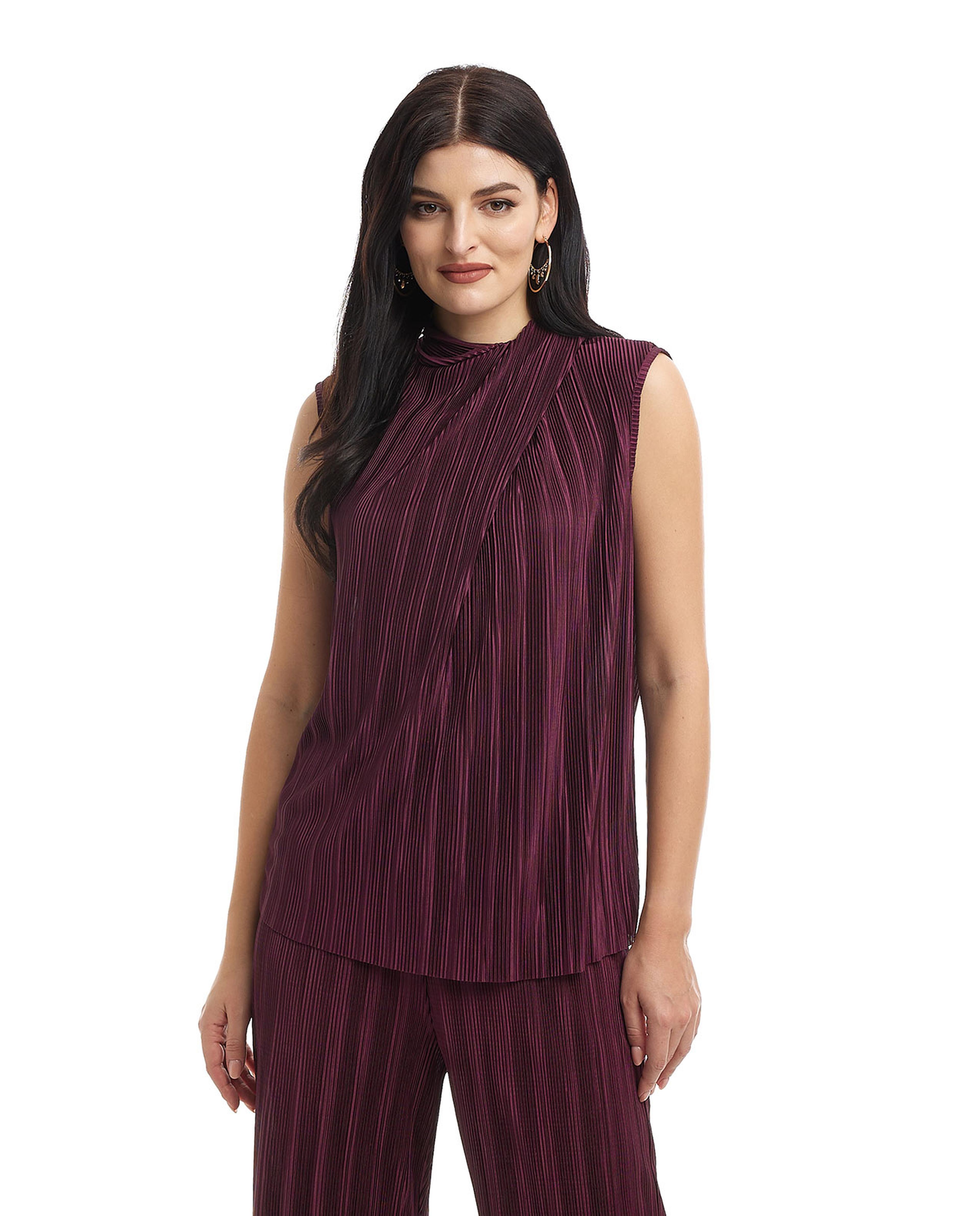 Pleated Sleeveless Top with Draped Neck