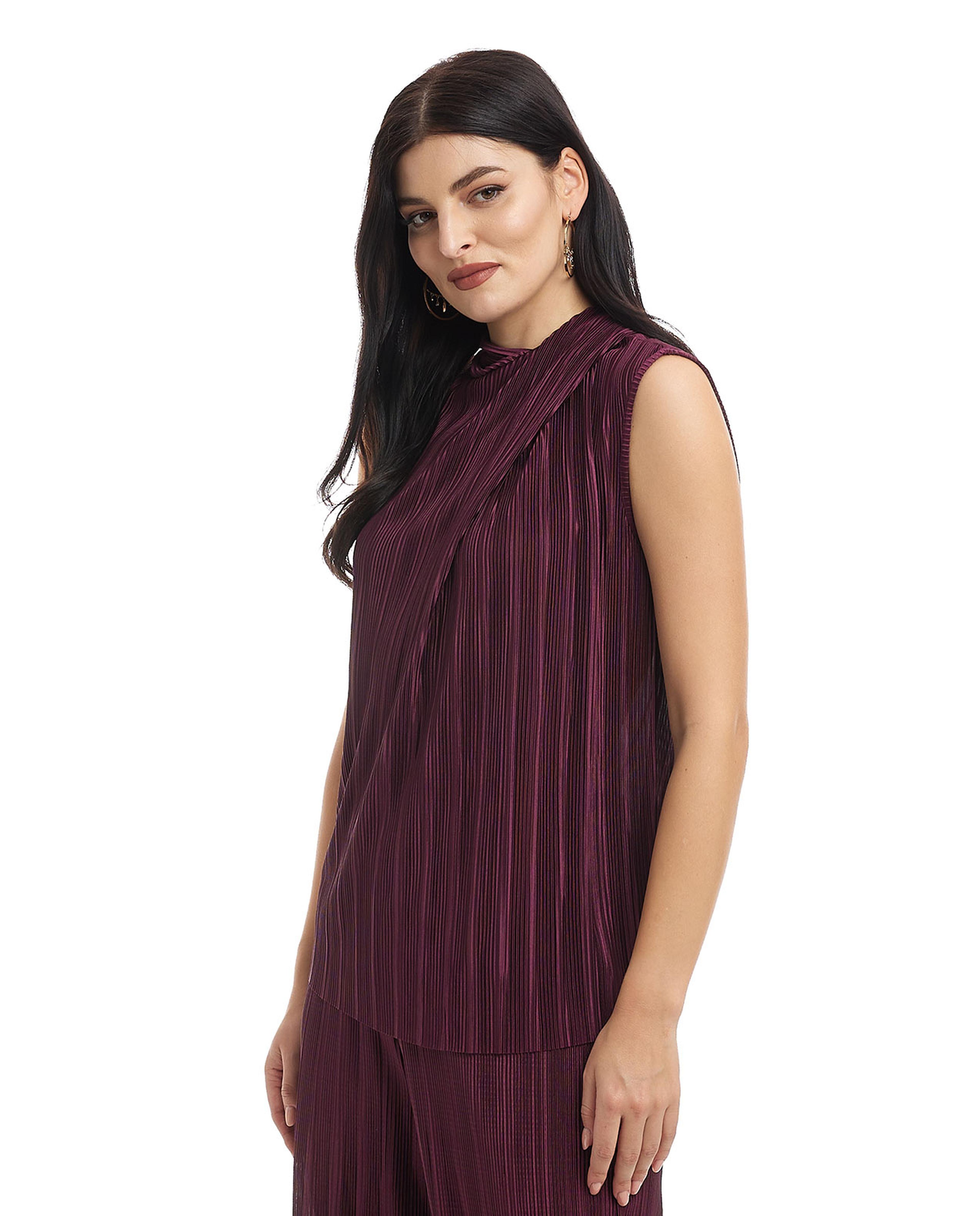 Pleated Sleeveless Top with Draped Neck