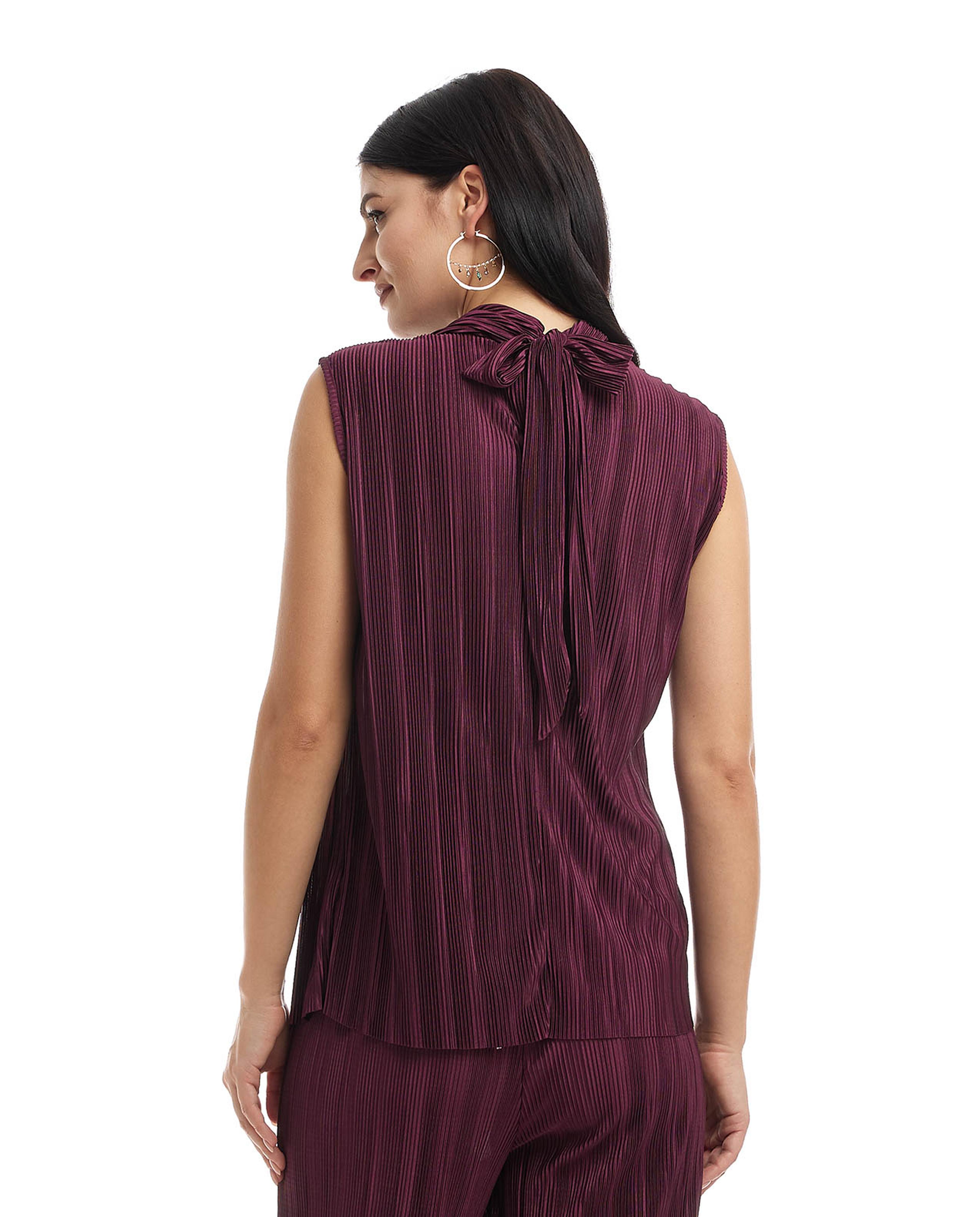 Pleated Sleeveless Top with Draped Neck