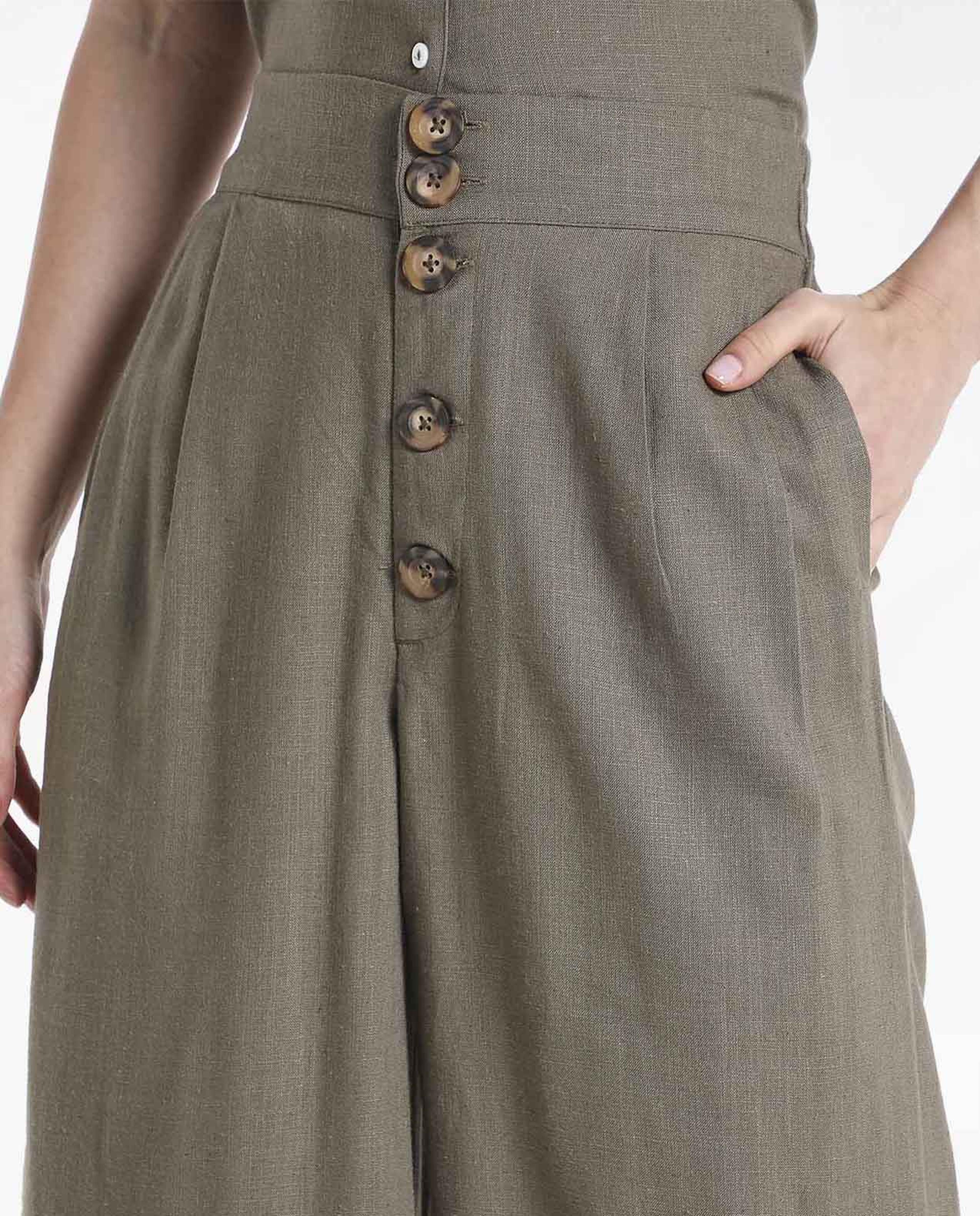 Solid Woven Wide Leg Trousers With Button Closure