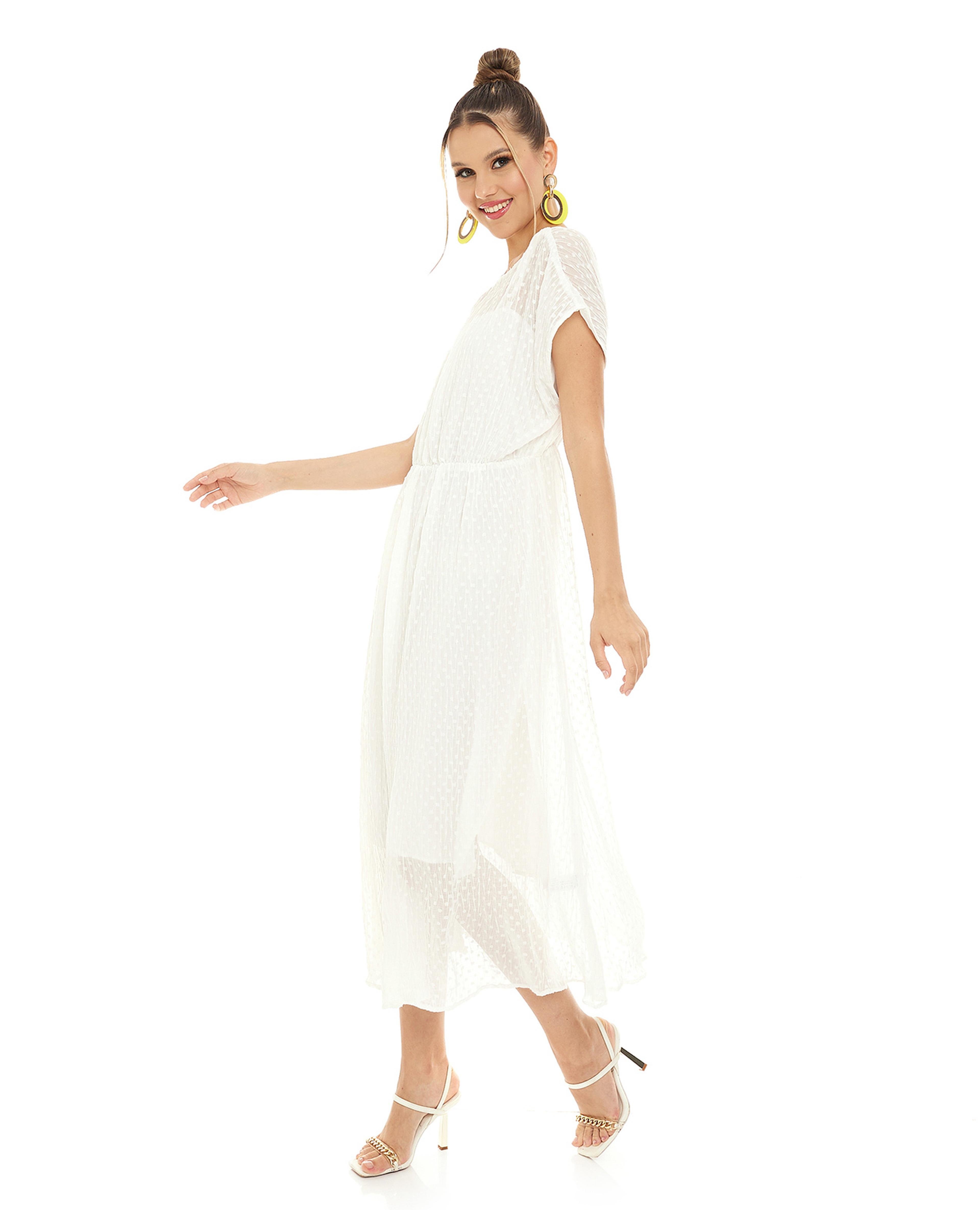 Woven Dress with Round Neck and Short Sleeves