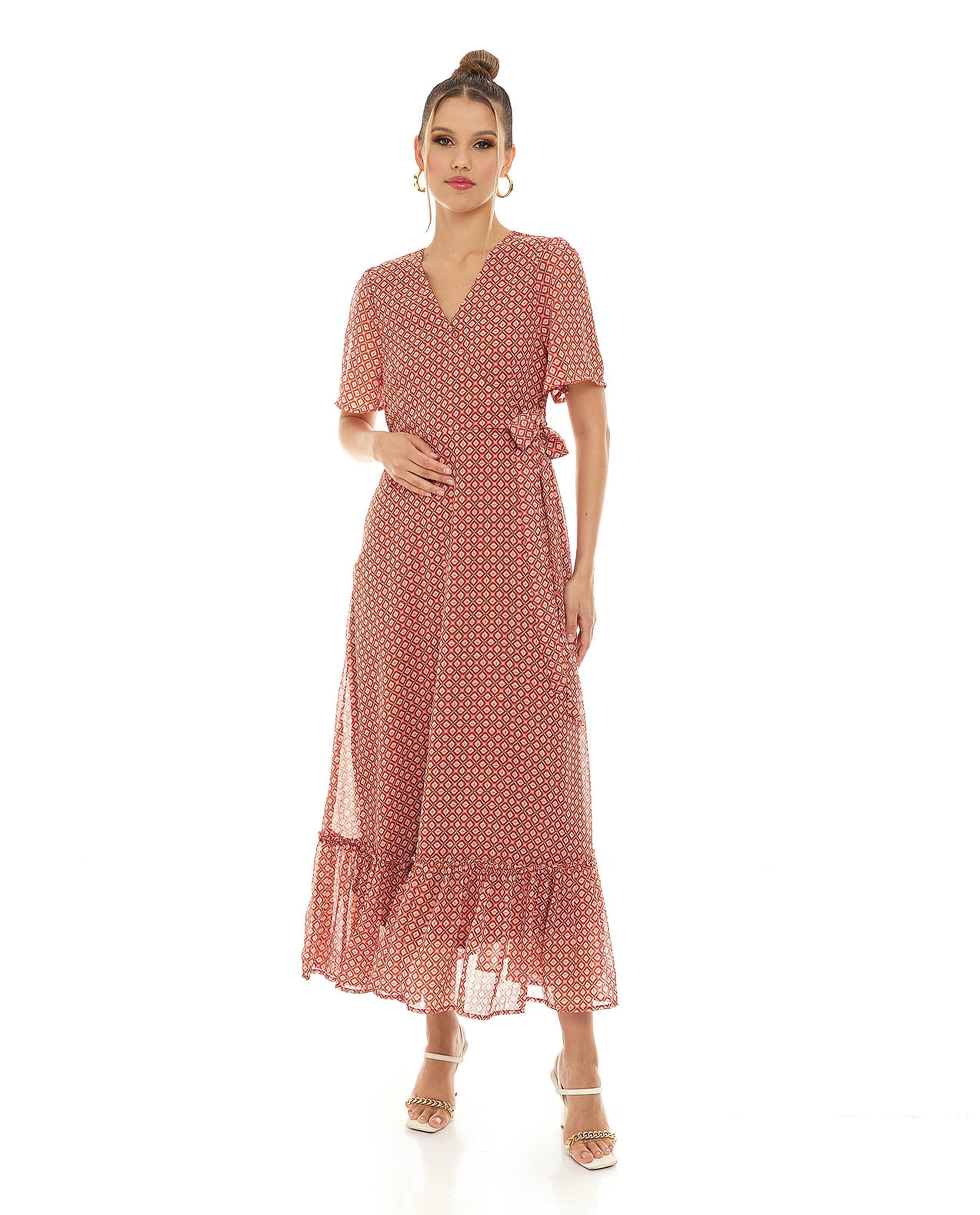 Printed Maxi Dress with V-Neck and flared Sleeves