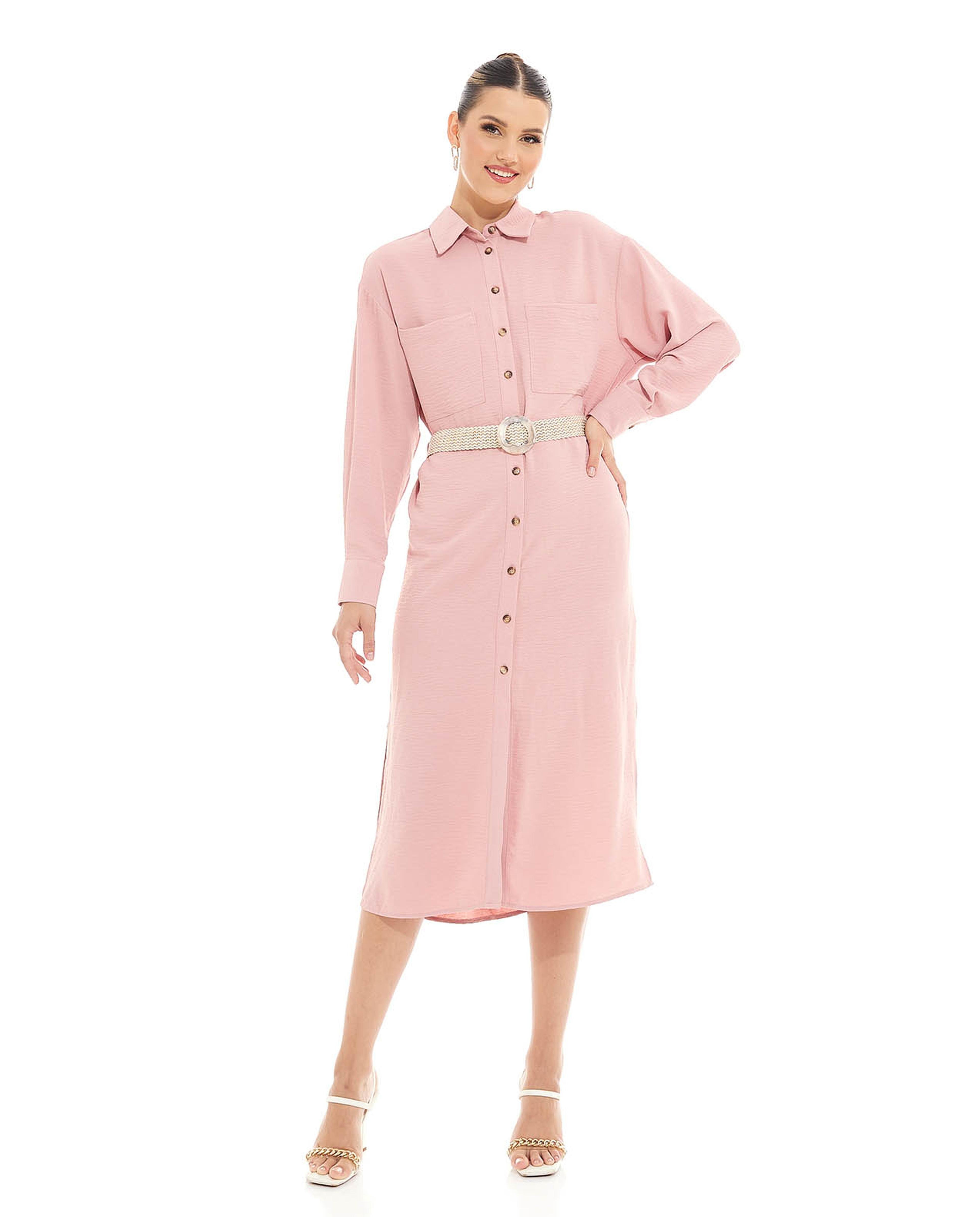 Solid Shirt Dress with Classic Collar and Button-Front