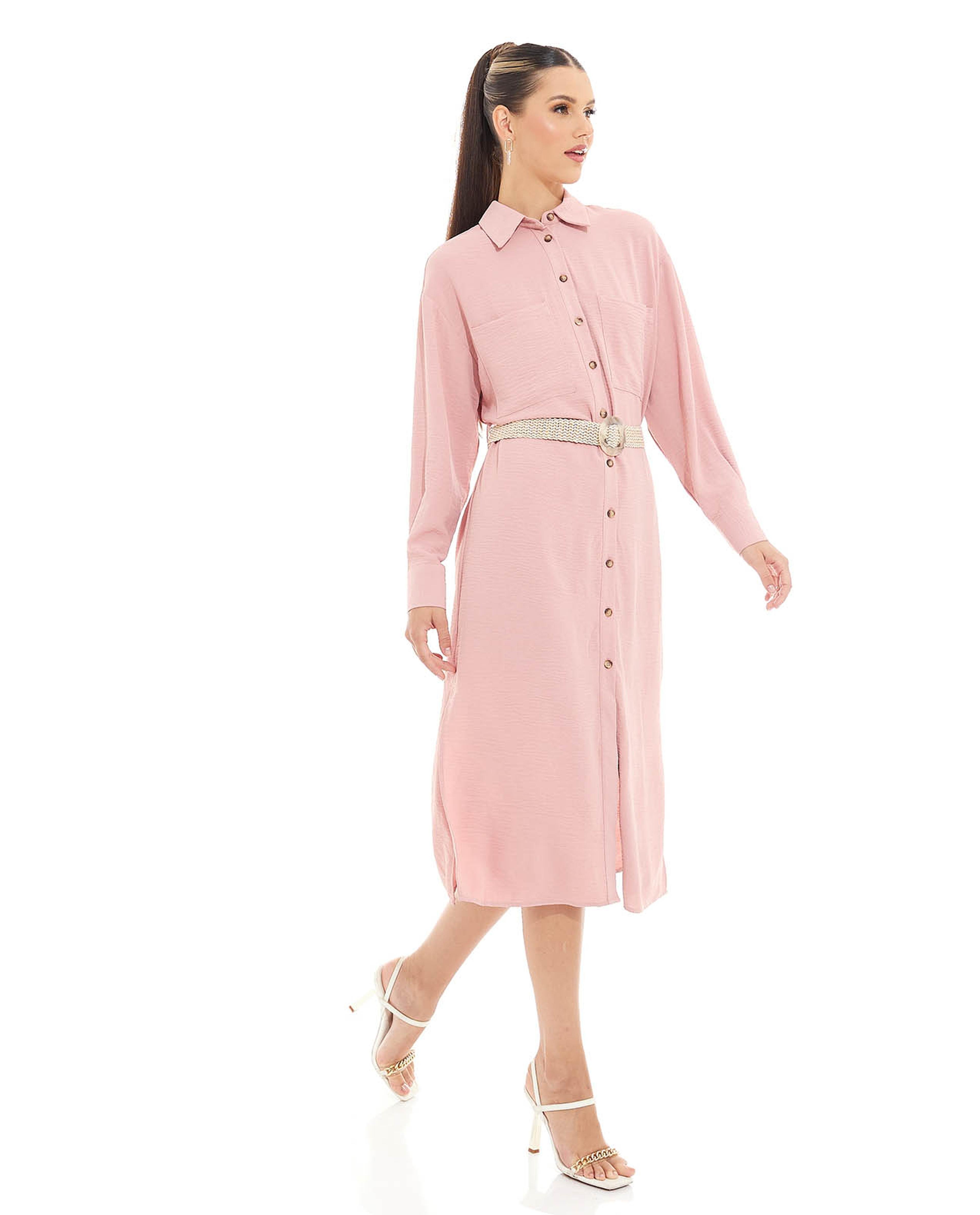 Solid Shirt Dress with Classic Collar and Button-Front