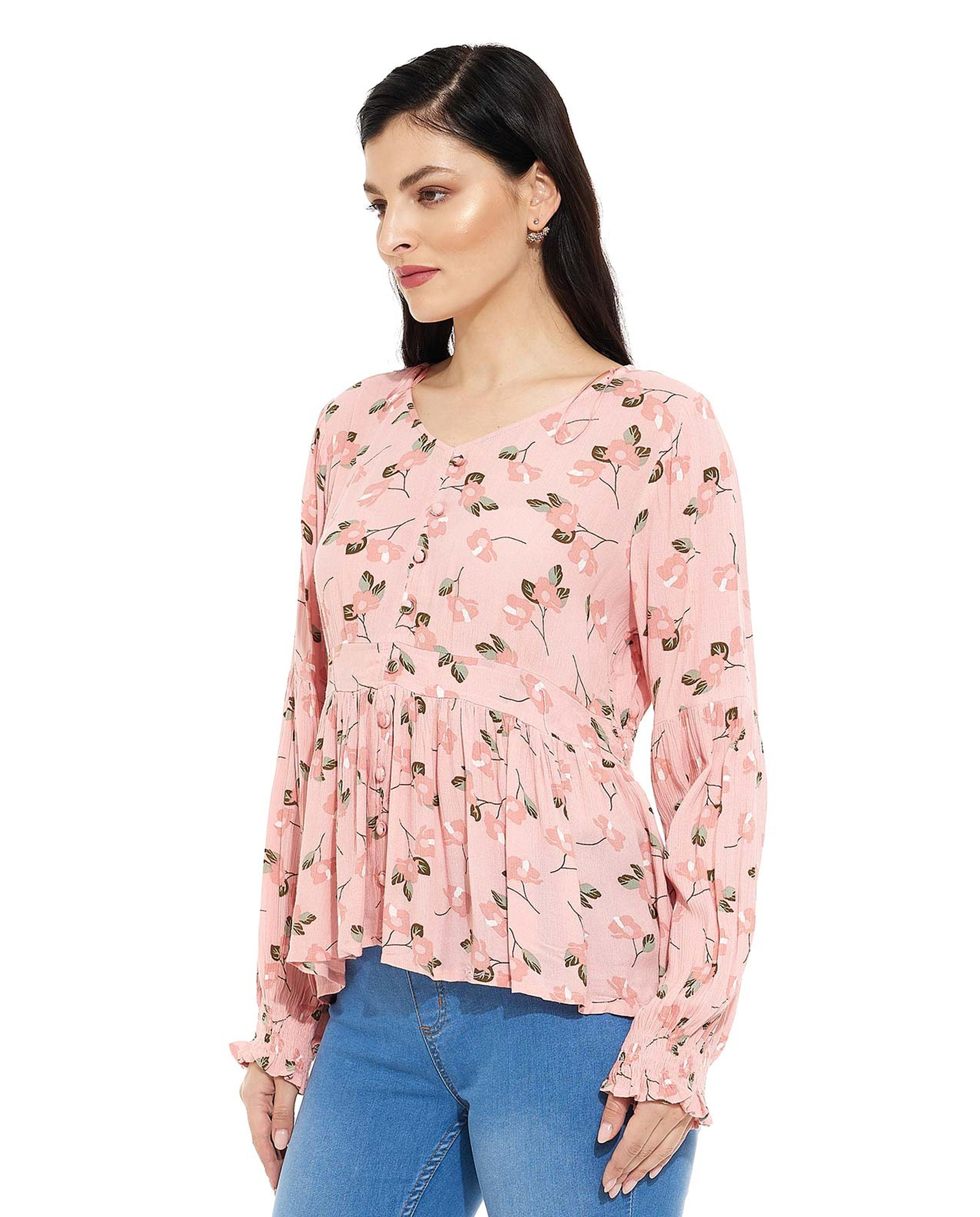 Floral Printed Top with V-Neck and Long Sleeves
