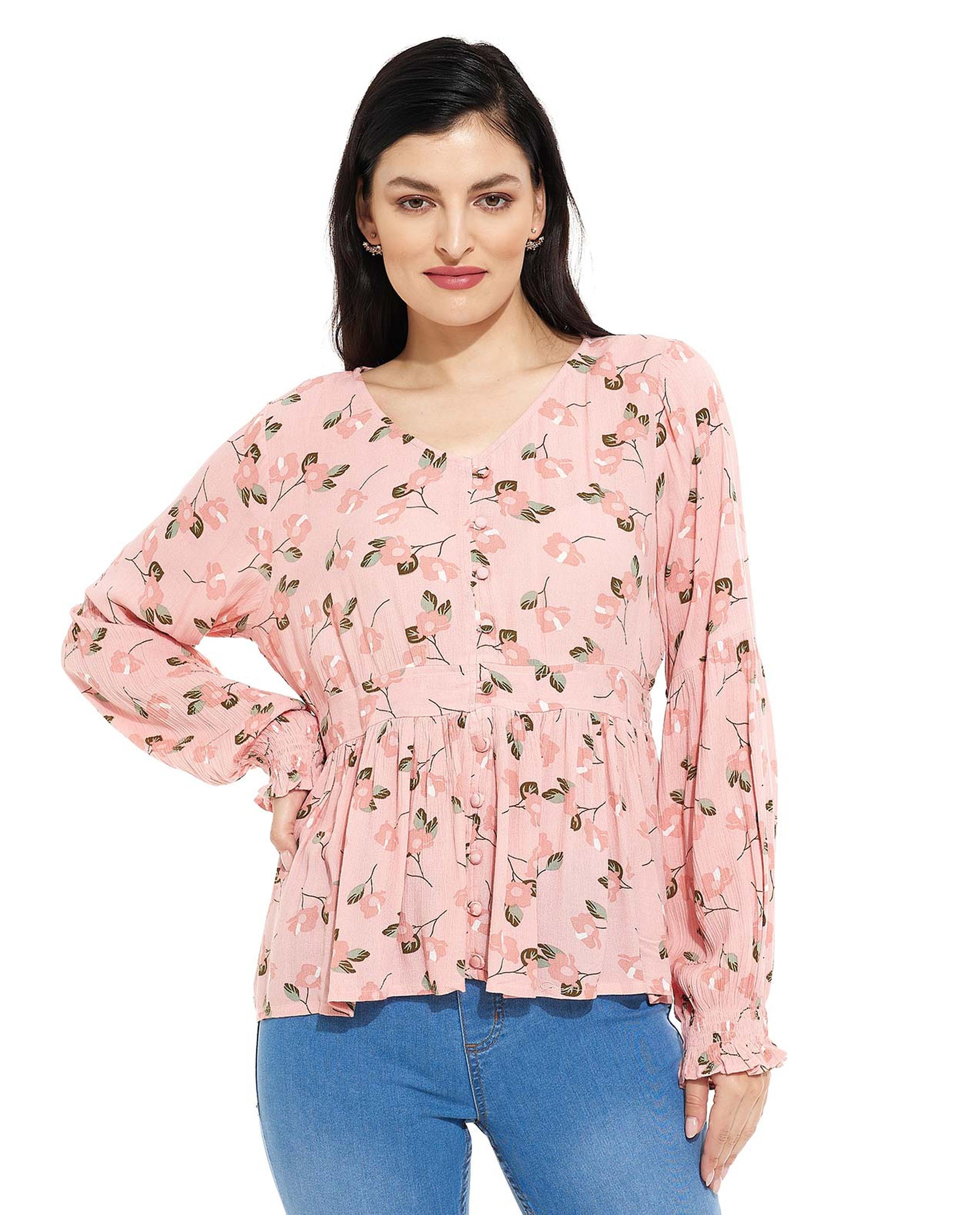 Floral Printed Top with V-Neck and Long Sleeves