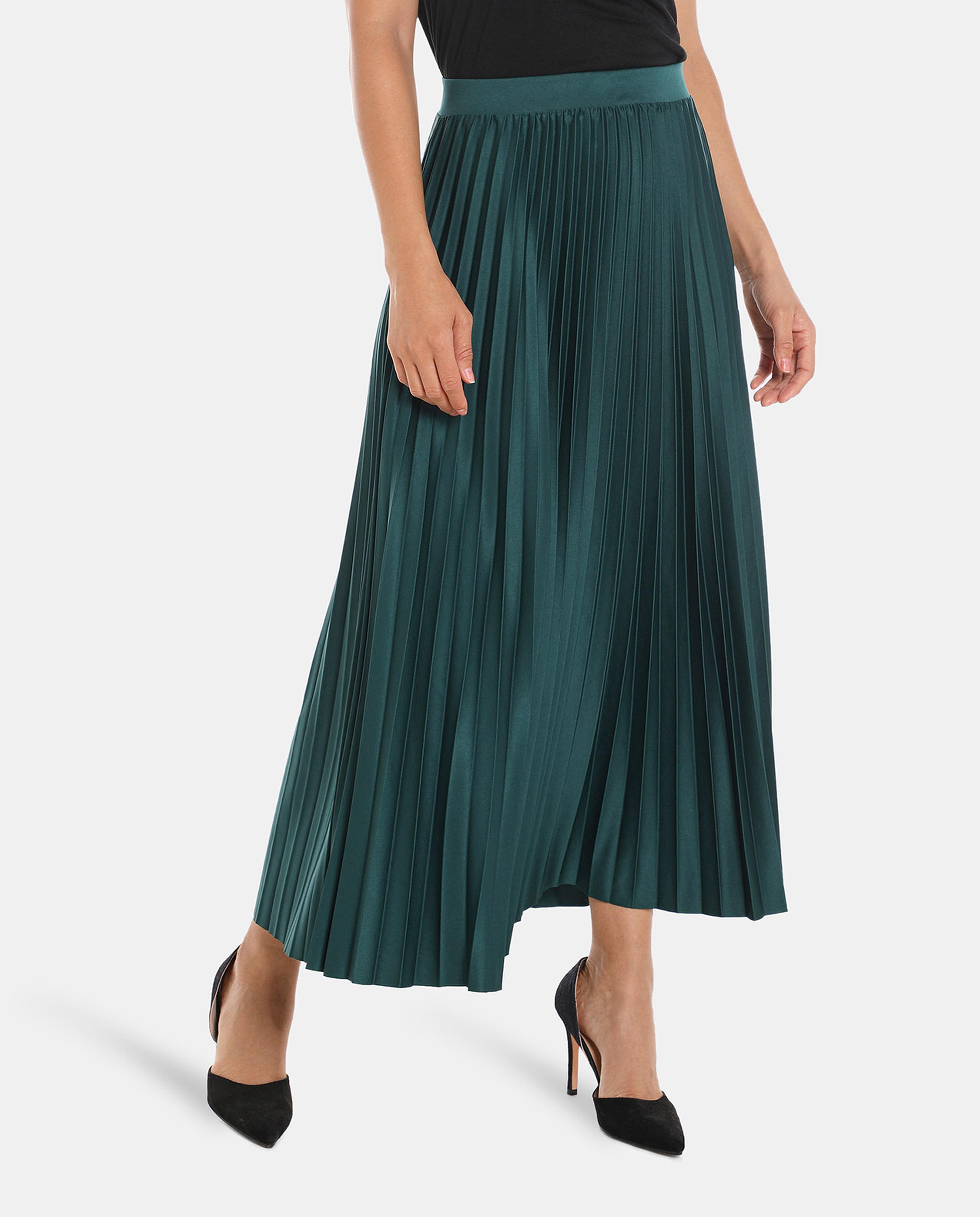 Green Polyester Pleated Skirt